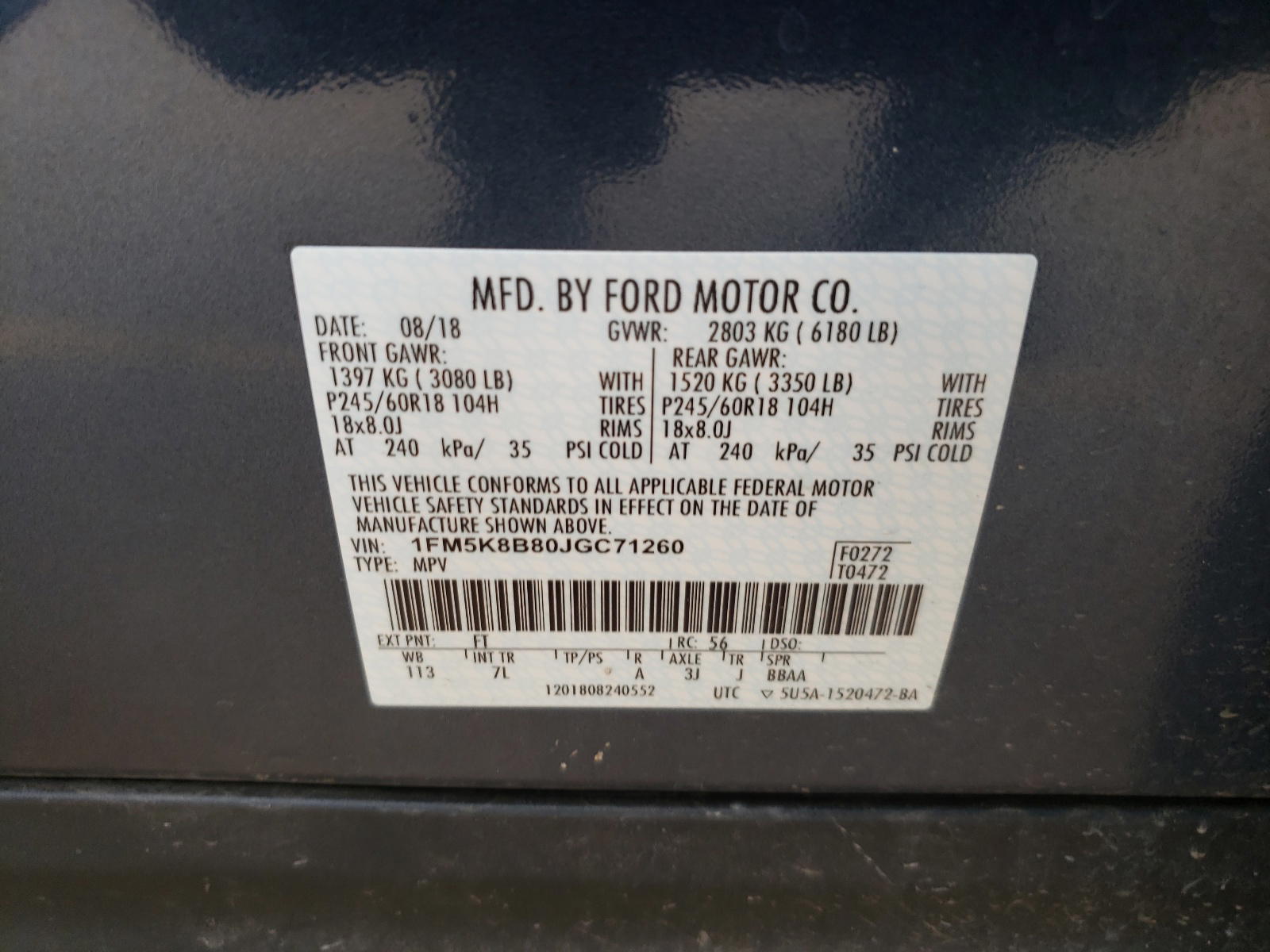 Photo 10 from auction – 2018 FORD EXPLORER with VIN 1FM5K8B80JGC71260