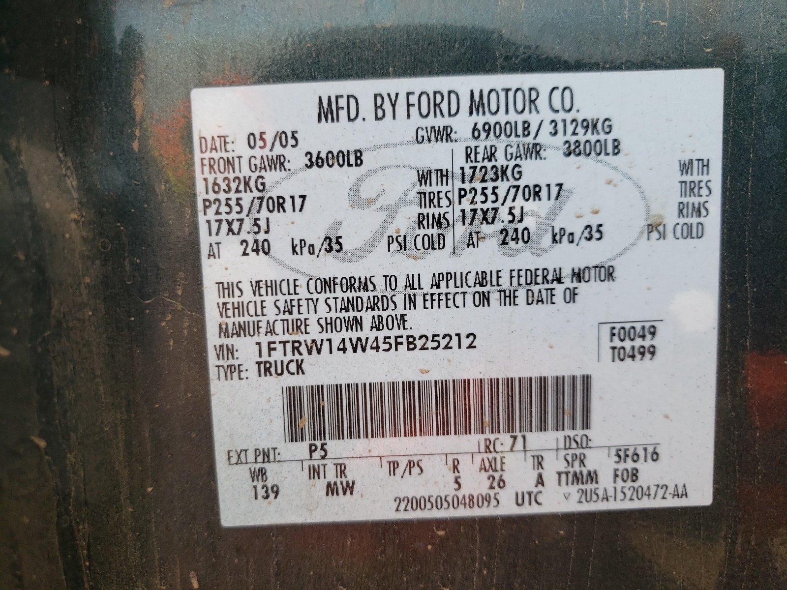 Photo 10 from auction – 2005 FORD F150 SUPER with VIN 1FTRW14W45FB25212