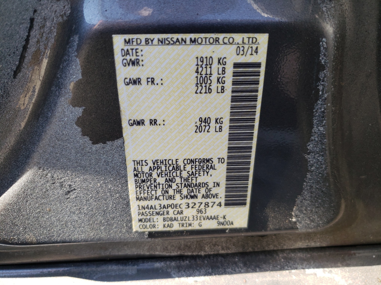 Photo 10 from auction – 2014 NISSAN ALTIMA 2.5 with VIN 1N4AL3AP0EC327874