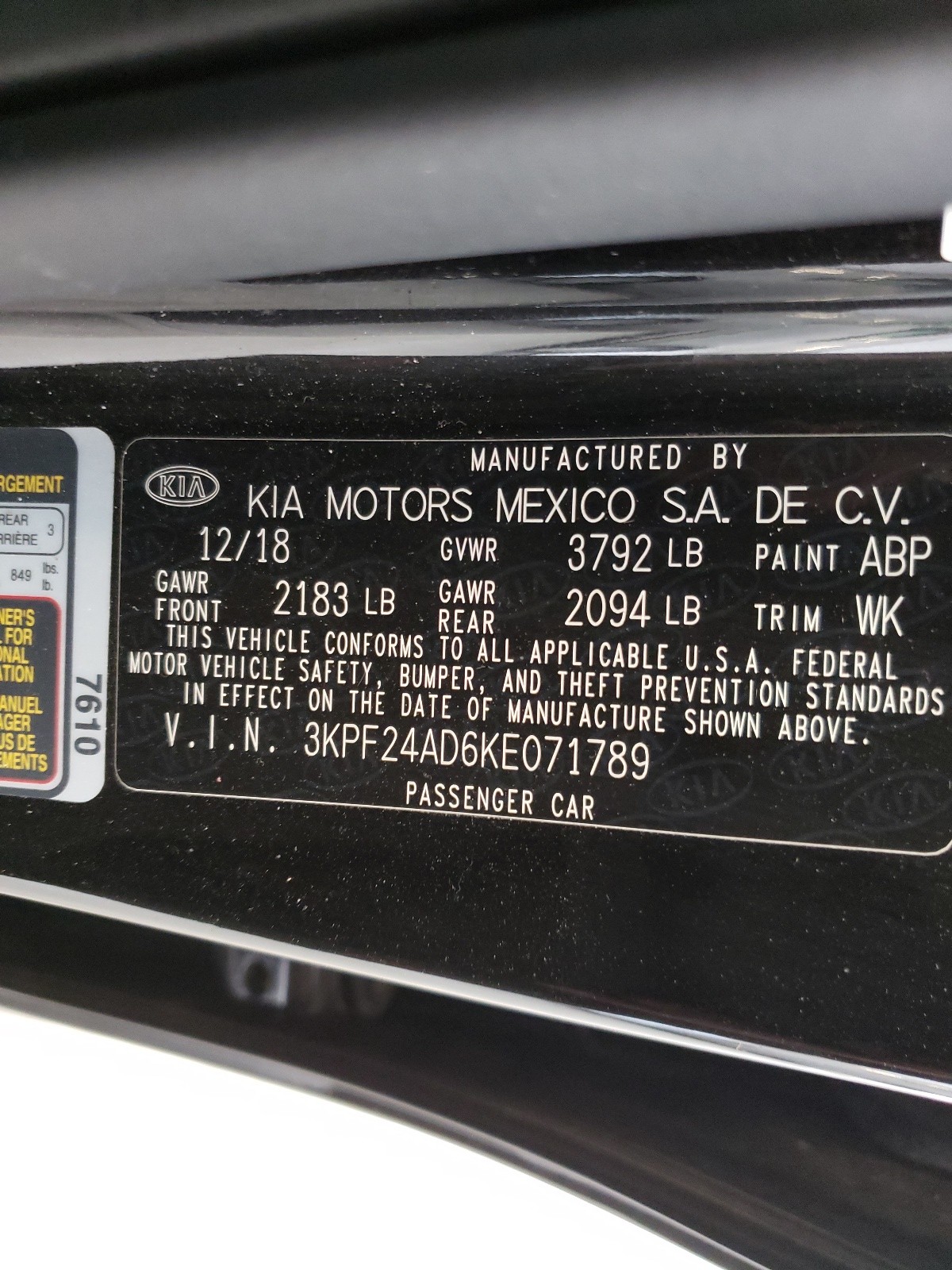 Photo 10 from auction – 2019 KIA FORTE FE with VIN 3KPF24AD6KE071789