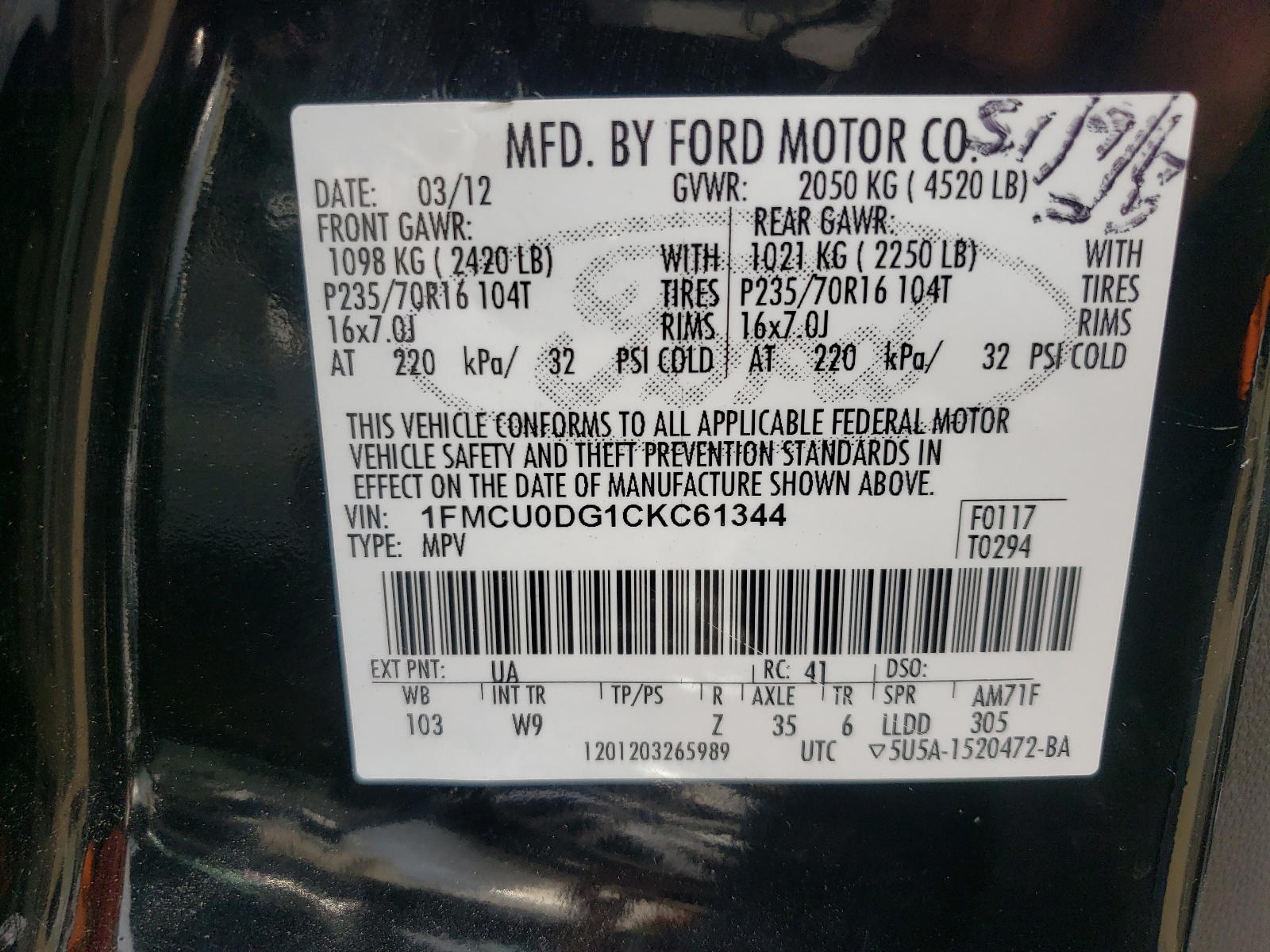 Photo 10 from auction – 2012 FORD ESCAPE XLT with VIN 1FMCU0DG1CKC61344