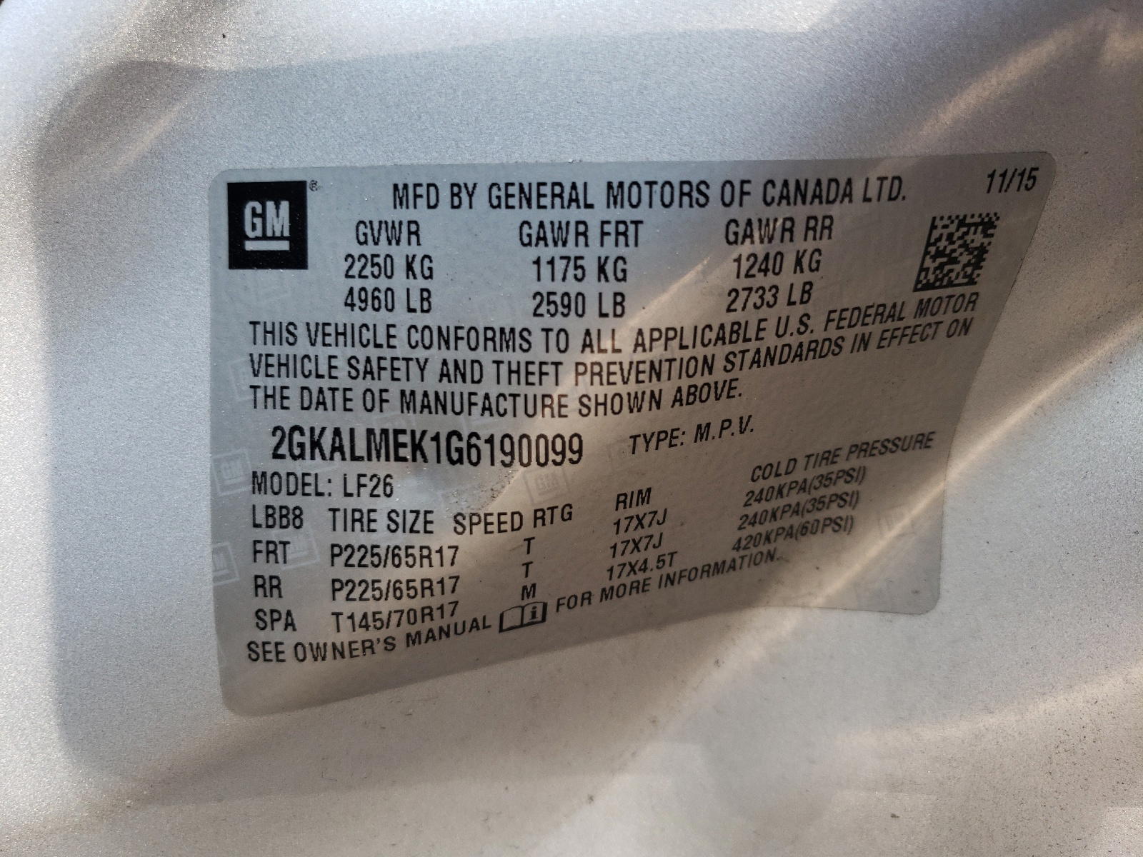 Photo 10 from auction – 2016 GMC TERRAIN SL with VIN 2GKALMEK1G6190099