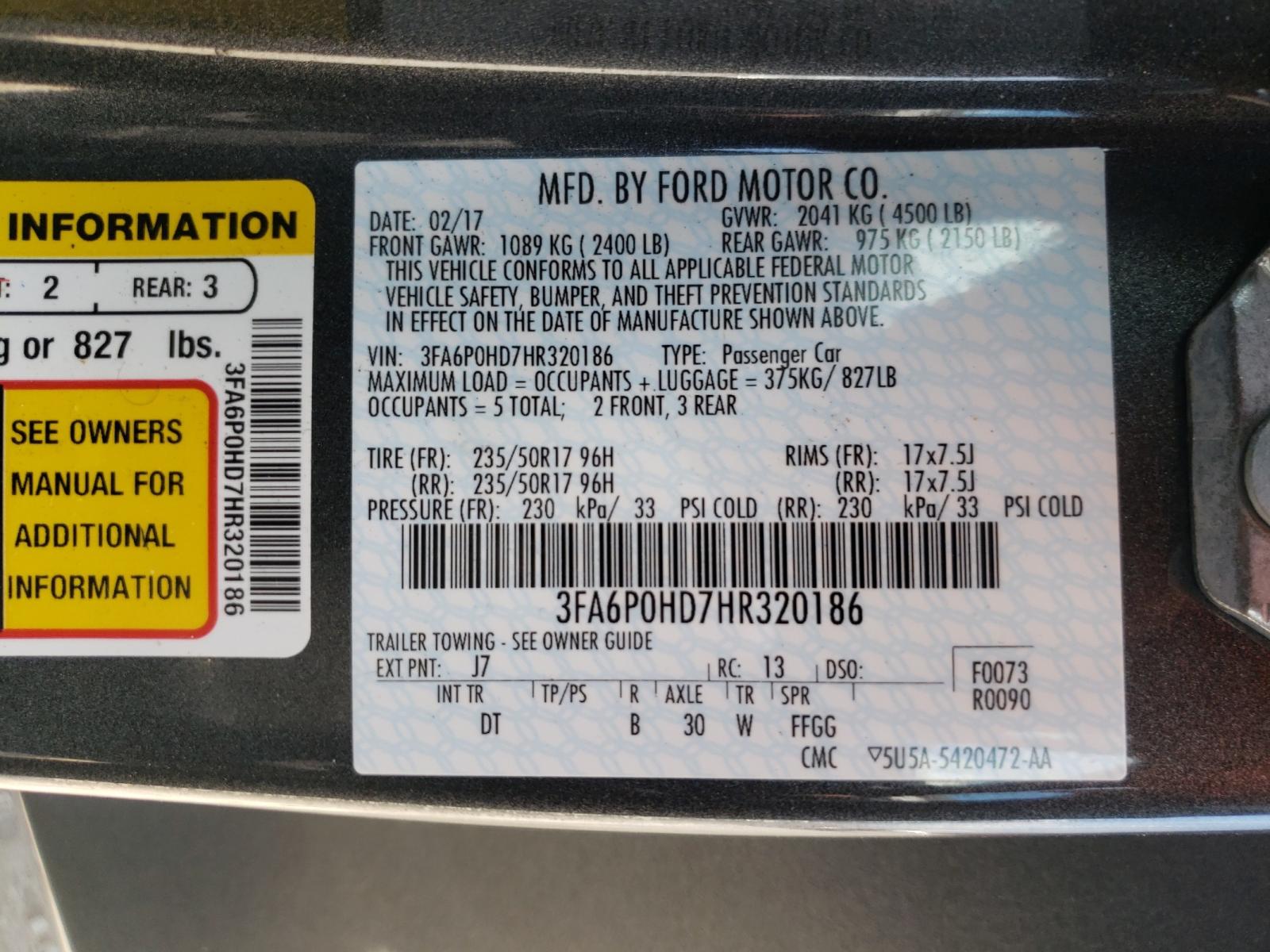 Photo 11 from auction – 2017 FORD FUSION SE with VIN 3FA6P0HD7HR320186
