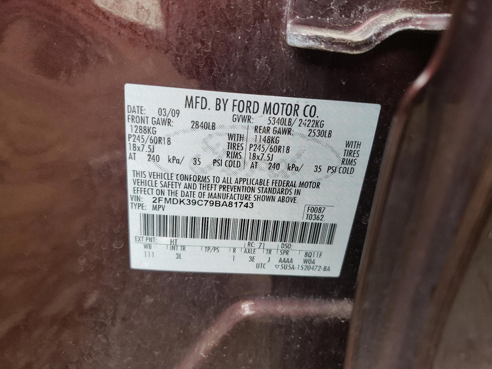 Photo 10 from auction – 2009 FORD EDGE LIMIT with VIN 2FMDK39C79BA81743