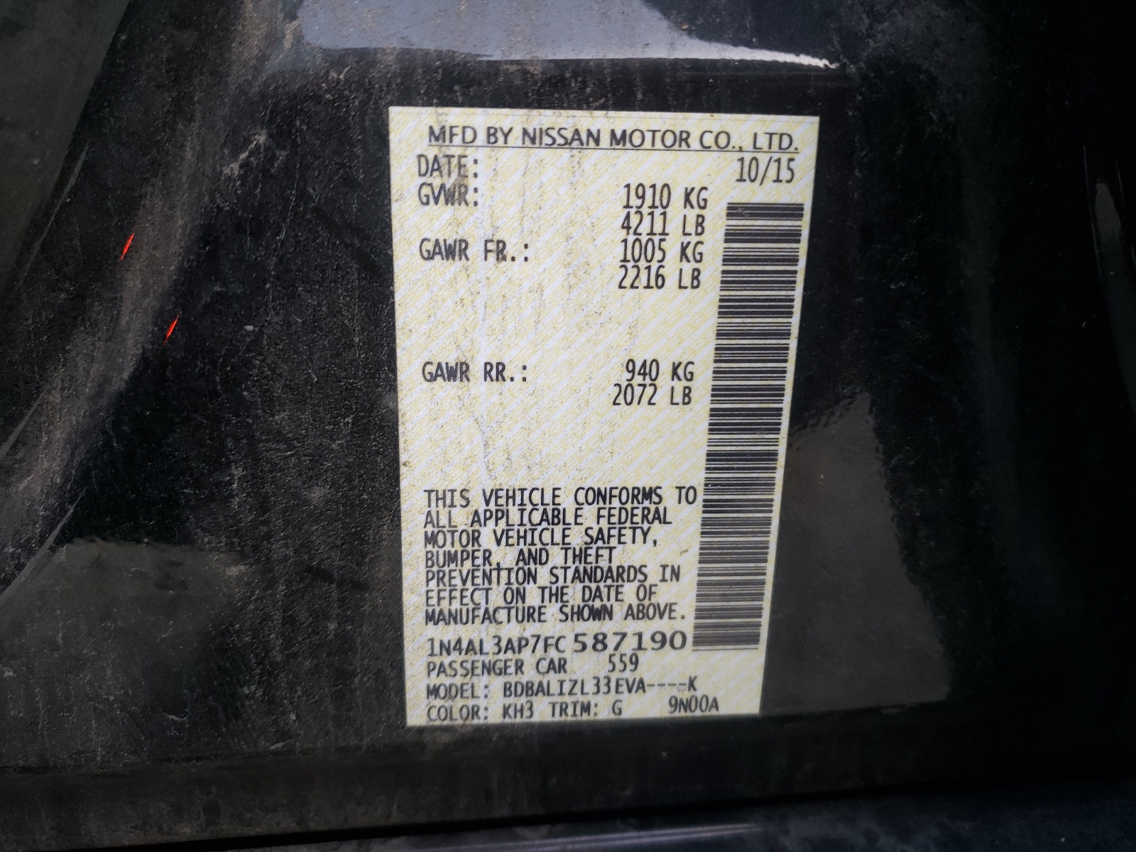 Photo 10 from auction – 2015 NISSAN ALTIMA 2.5 with VIN 1N4AL3AP7FC587190