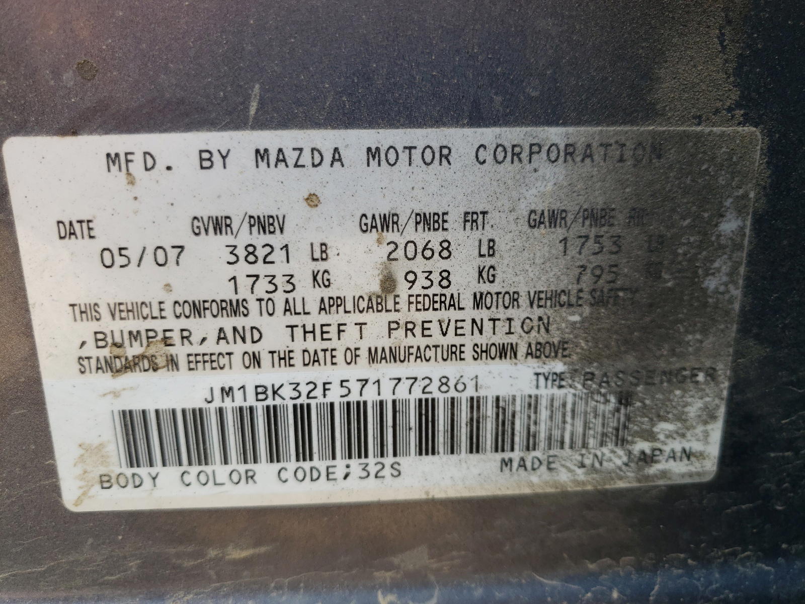 Photo 10 from auction – 2007 MAZDA 3 I with VIN JM1BK32F571772861