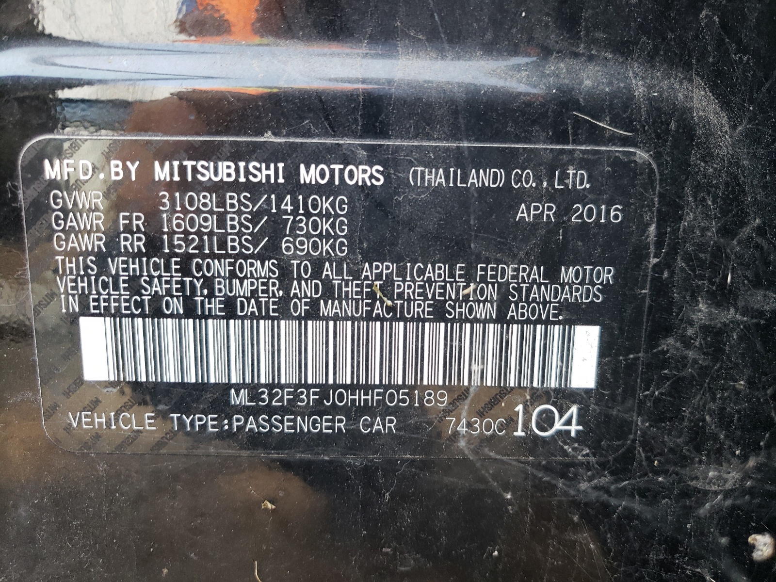 Photo 10 from auction – 2017 MITSUBISHI MIRAGE G4 with VIN ML32F3FJ0HHF05189
