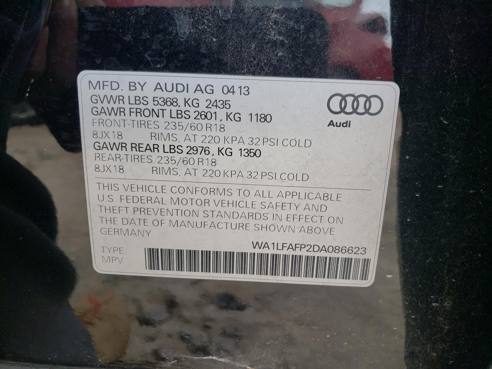 Photo 10 from auction – 2013 AUDI Q5 PREMIUM with VIN WA1LFAFP2DA086623