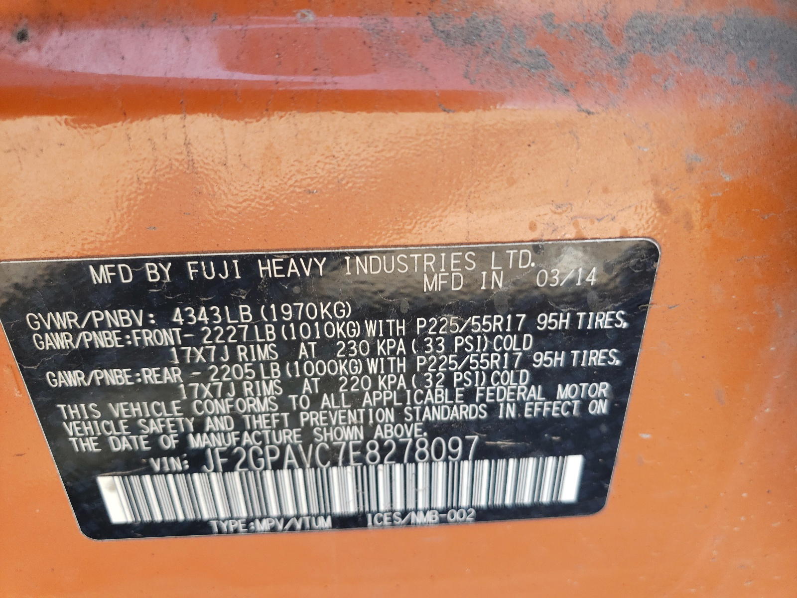 Photo 10 from auction – 2014 SUBARU XV CROSSTR with VIN JF2GPAVC7E8278097