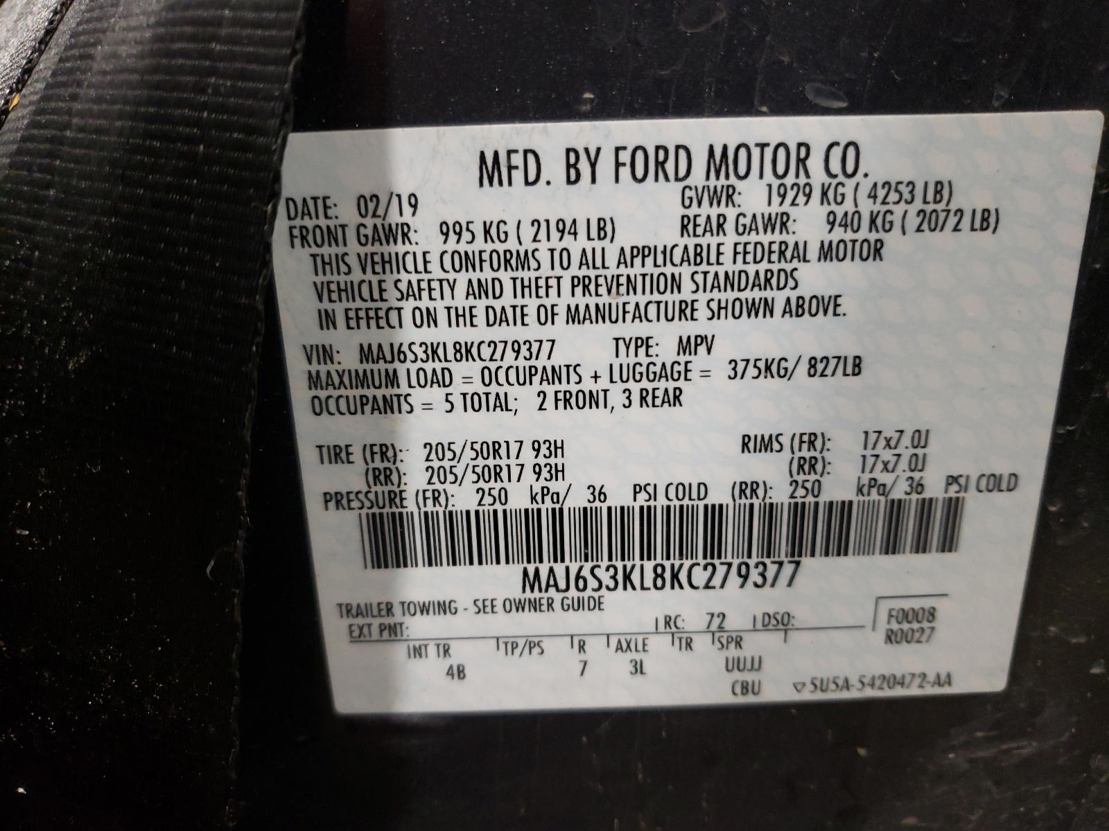 Photo 10 from auction – 2019 FORD ECOSPORT T with VIN MAJ6S3KL8KC279377