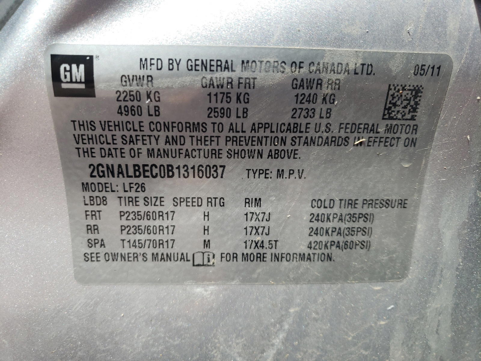 Photo 10 from auction – 2011 CHEVROLET EQUINOX LS with VIN 2GNALBEC0B1316037