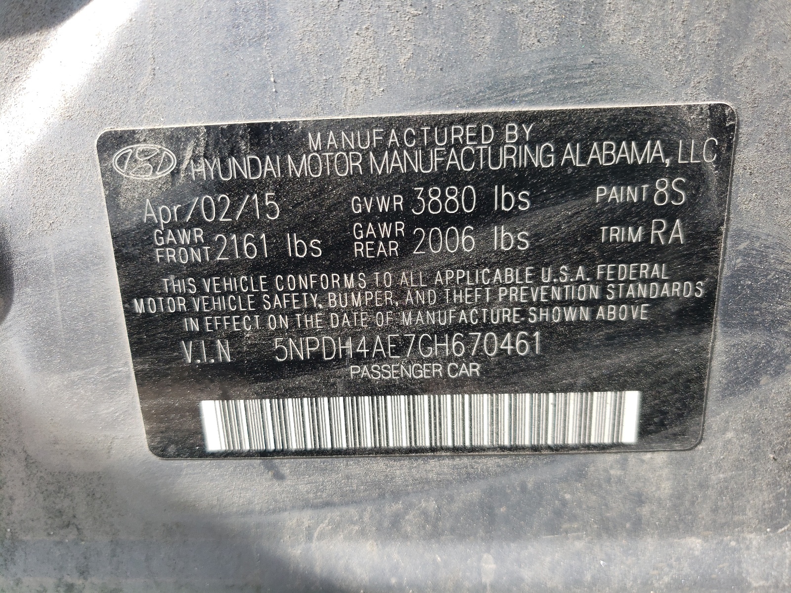 Photo 10 from auction – 2016 HYUNDAI ELANTRA SE with VIN 5NPDH4AE7GH670461