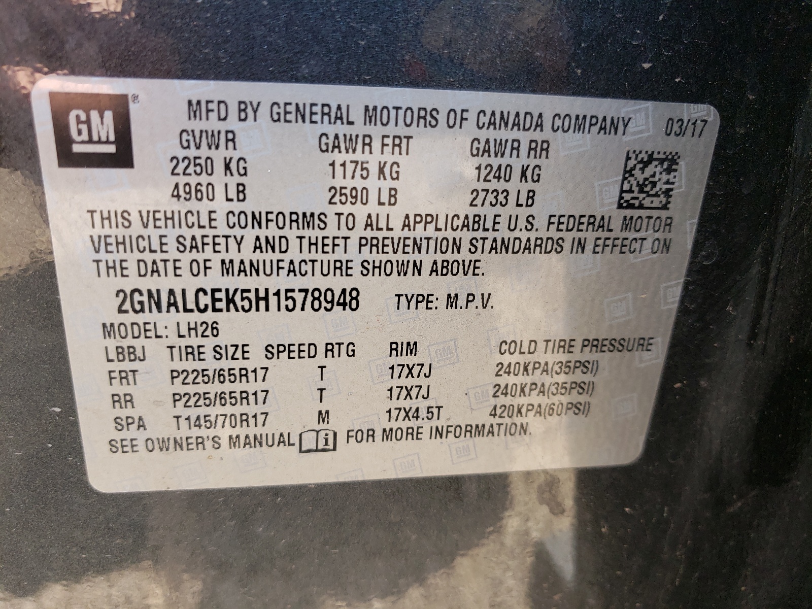 Photo 10 from auction – 2017 CHEVROLET EQUINOX LT with VIN 2GNALCEK5H1578948