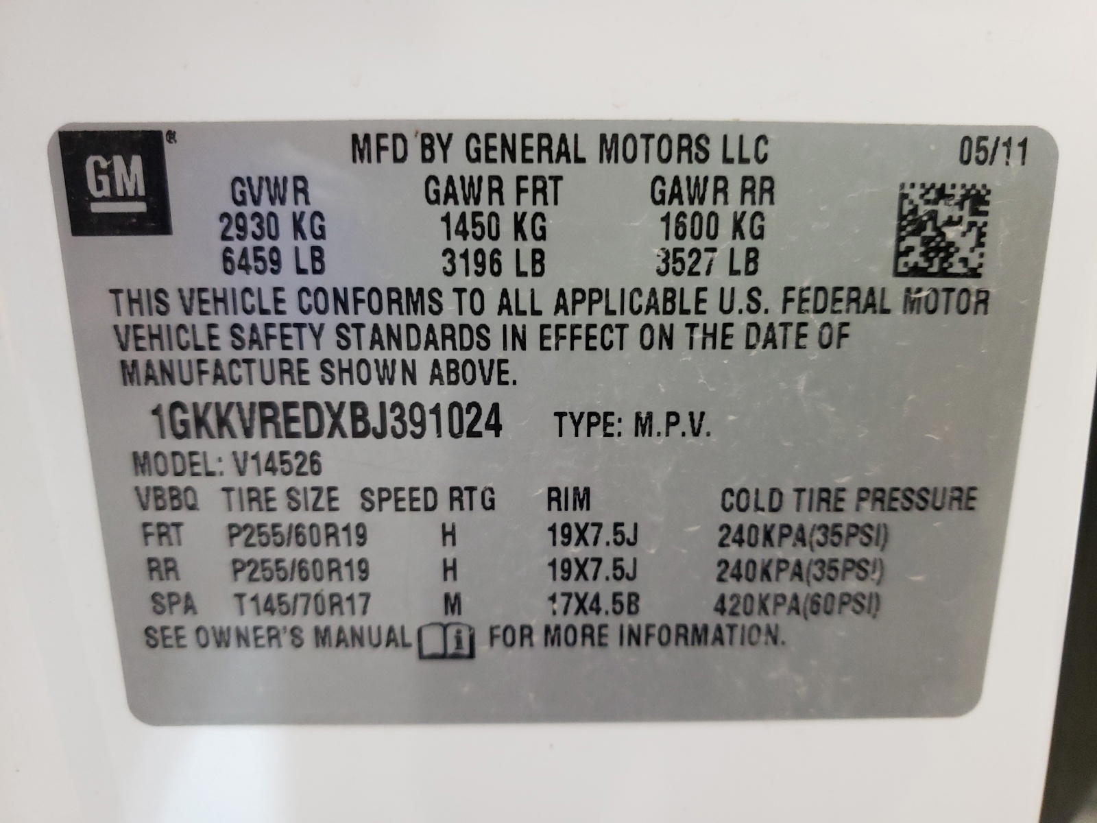 Photo 10 from auction – 2011 GMC ACADIA SLT with VIN 1GKKVREDXBJ391024