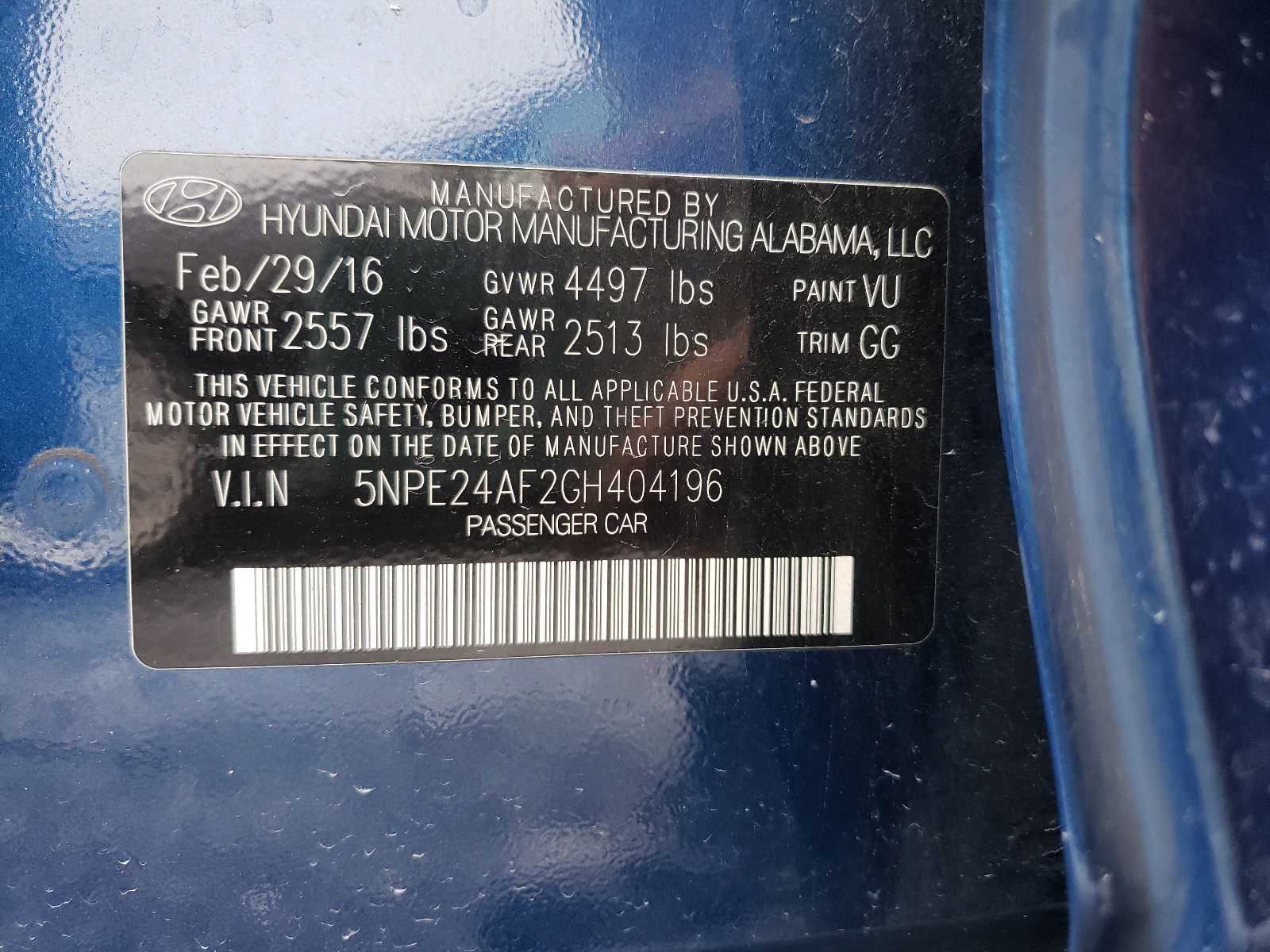 Photo 10 from auction – 2016 HYUNDAI SONATA SE with VIN 5NPE24AF2GH404196