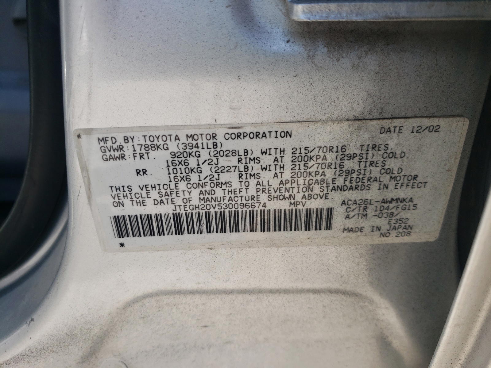 Photo 10 from auction – 2003 TOYOTA RAV4 with VIN JTEGH20V530096674
