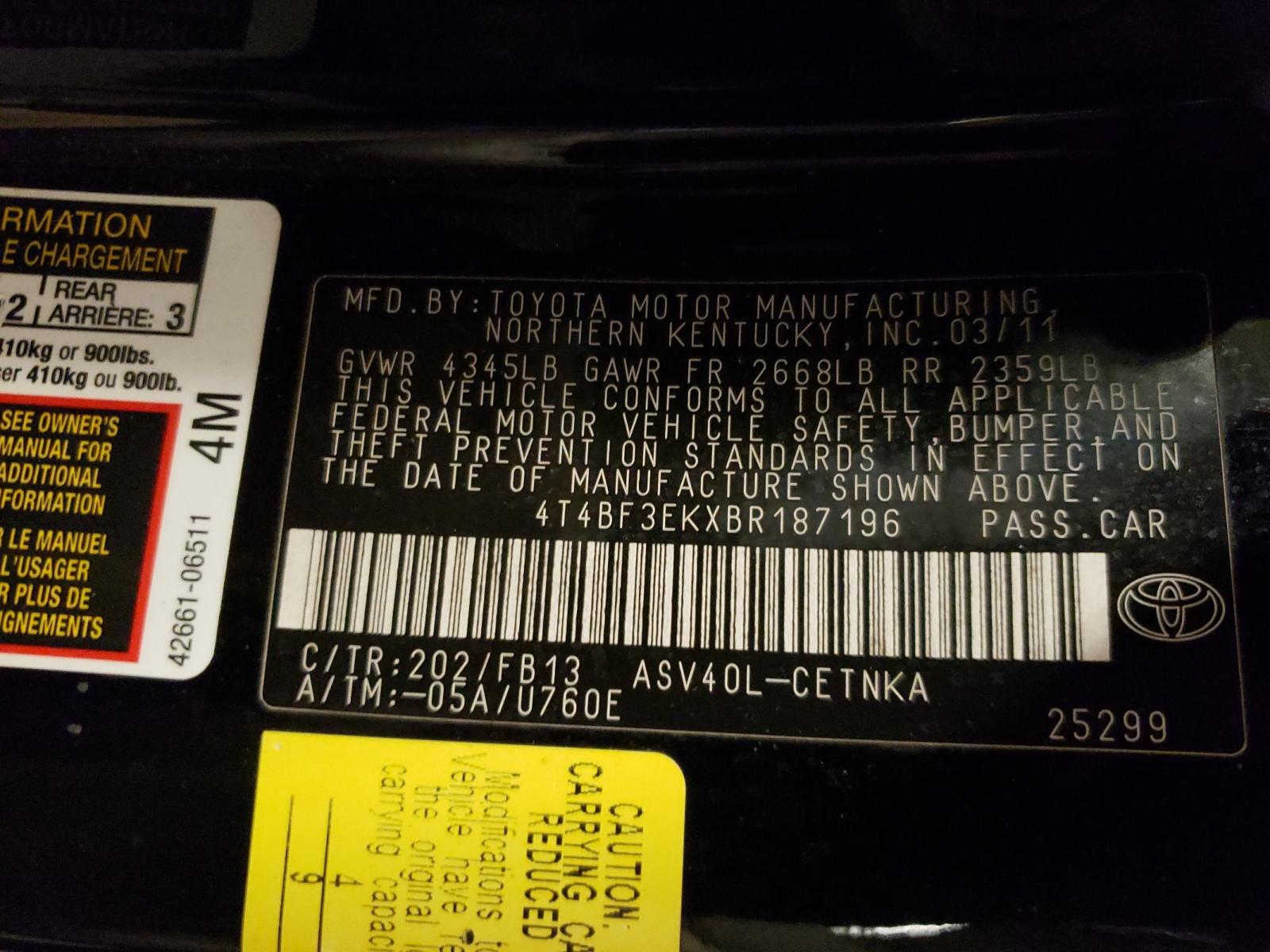 Photo 10 from auction – 2011 TOYOTA CAMRY BASE with VIN 4T4BF3EKXBR187196