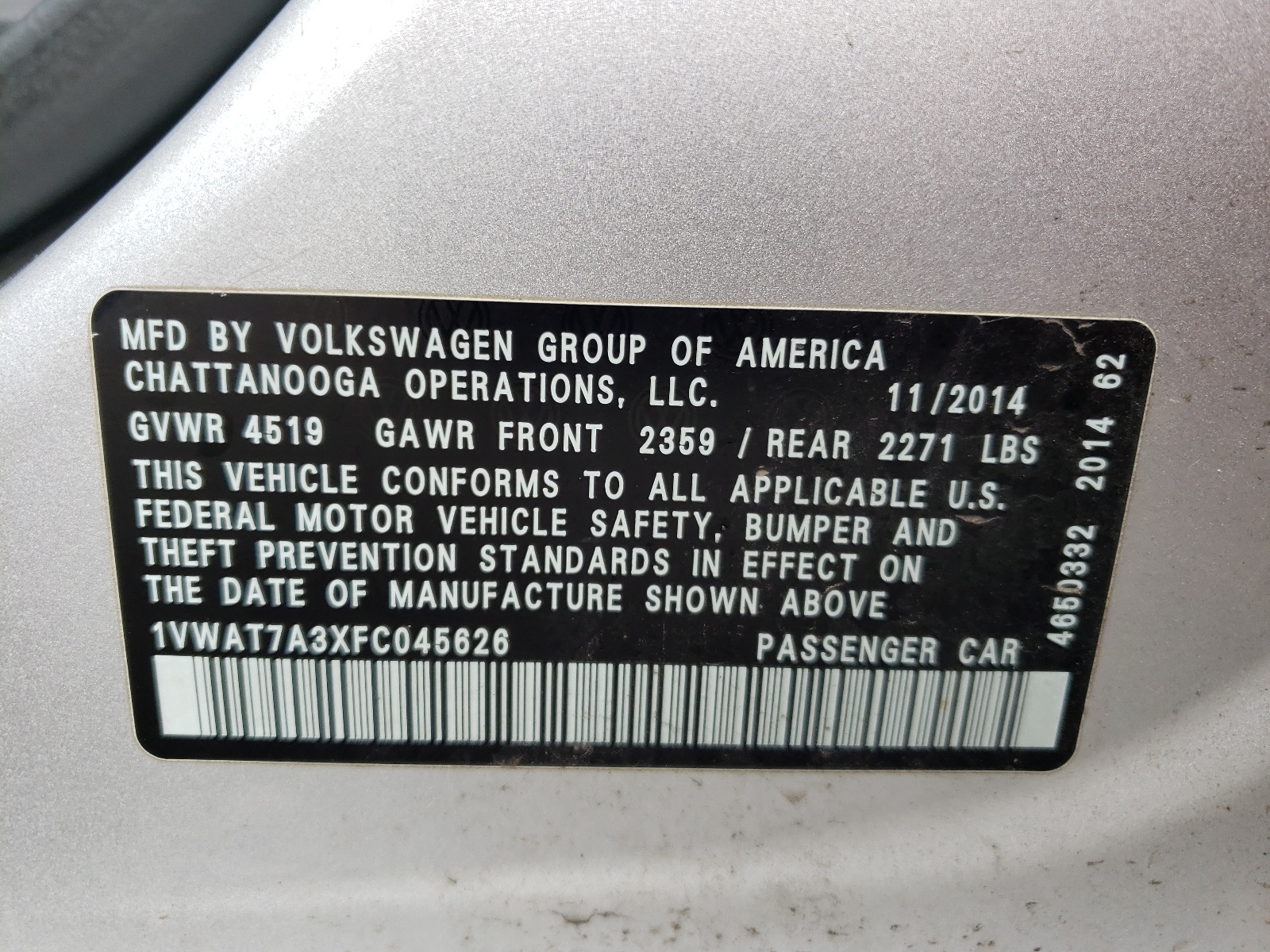 Photo 10 from auction – 2015 VOLKSWAGEN PASSAT S with VIN 1VWAT7A3XFC045626
