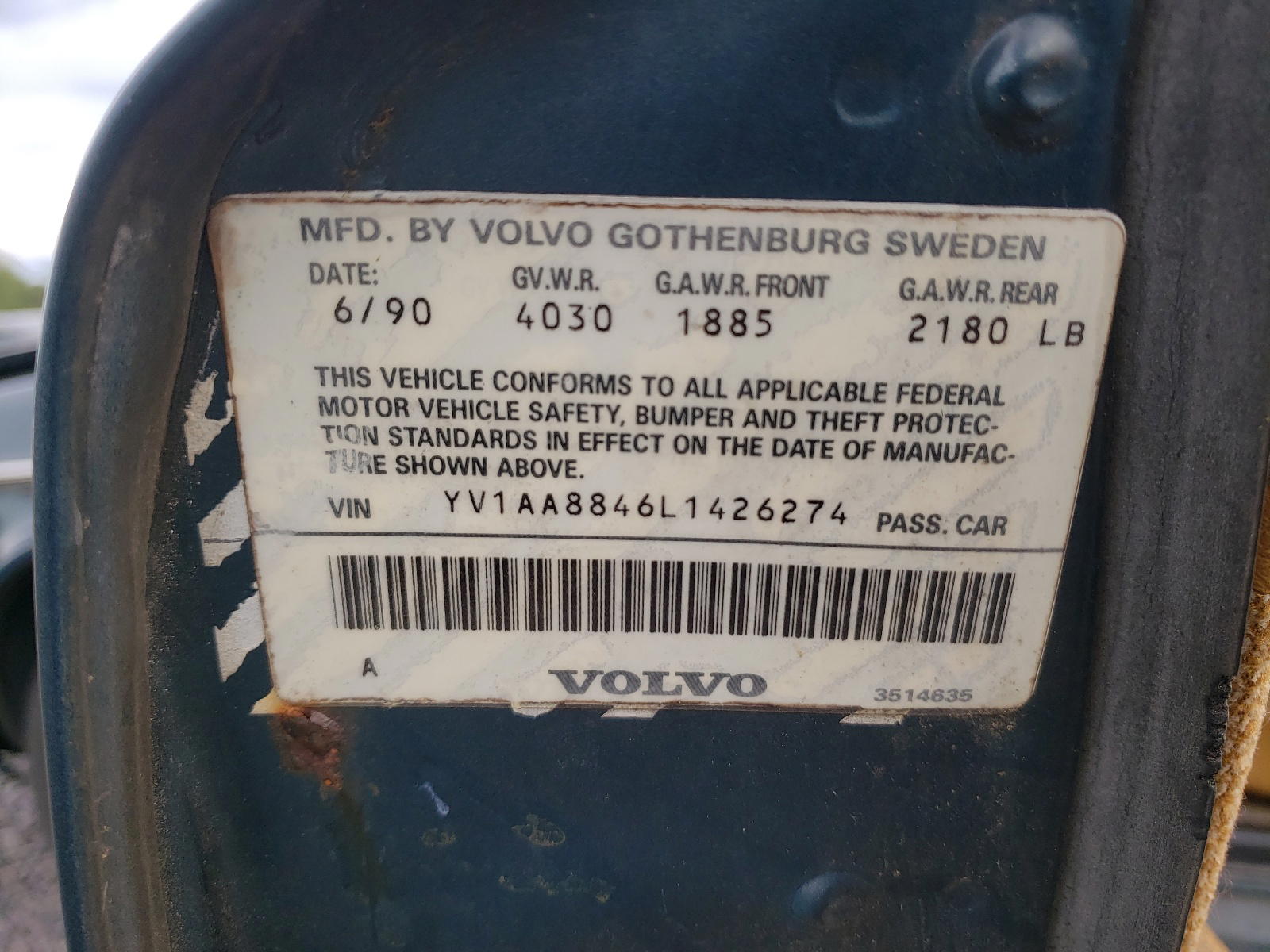 Photo 10 from auction – 1990 VOLVO 240 BASE with VIN YV1AA8846L1426274