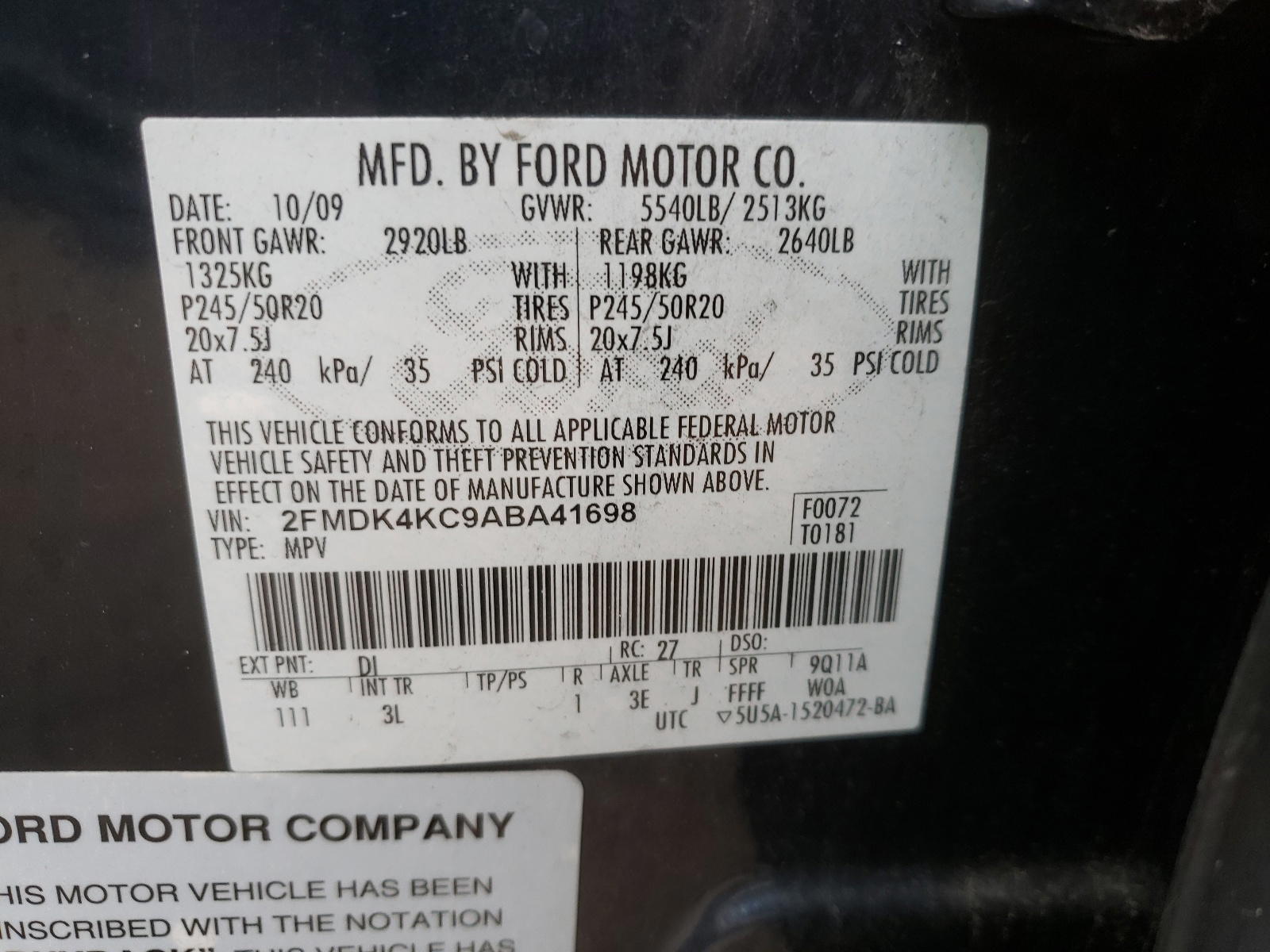 Photo 10 from auction – 2010 FORD EDGE LIMIT with VIN 2FMDK4KC9ABA41698