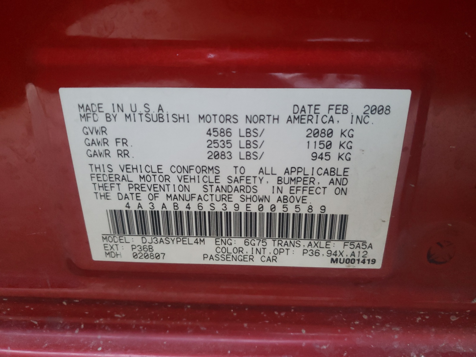Photo 10 from auction – 2009 MITSUBISHI GALANT SPO with VIN 4A3AB46S39E005589