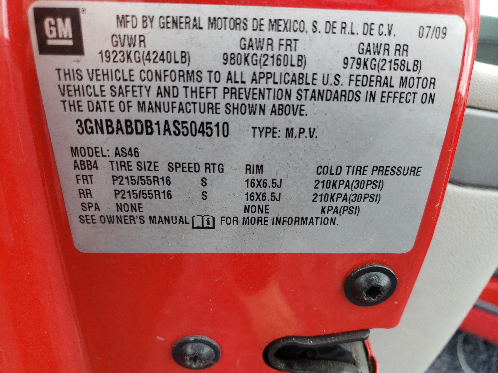 Photo 10 from auction – 2010 CHEVROLET HHR LT with VIN 3GNBABDB1AS504510