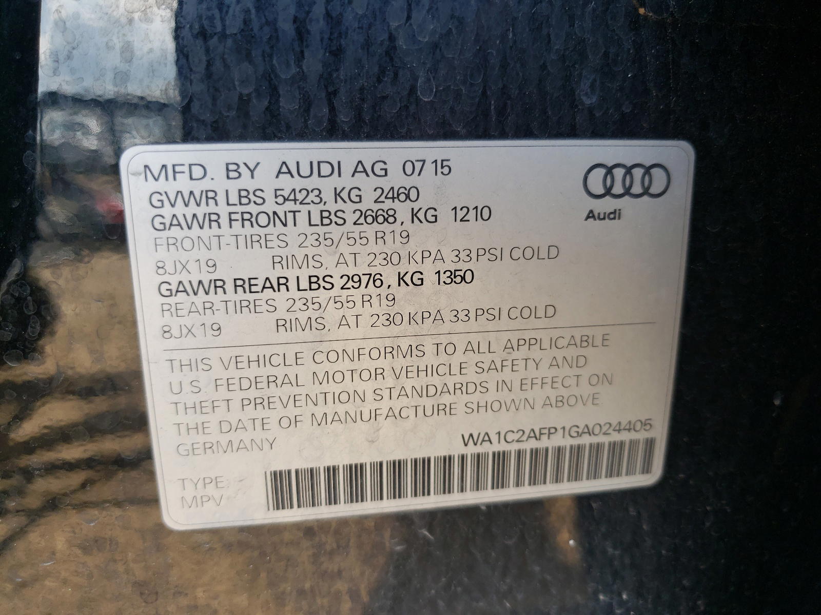 Photo 10 from auction – 2016 AUDI Q5 PREMIUM with VIN WA1C2AFP1GA024405