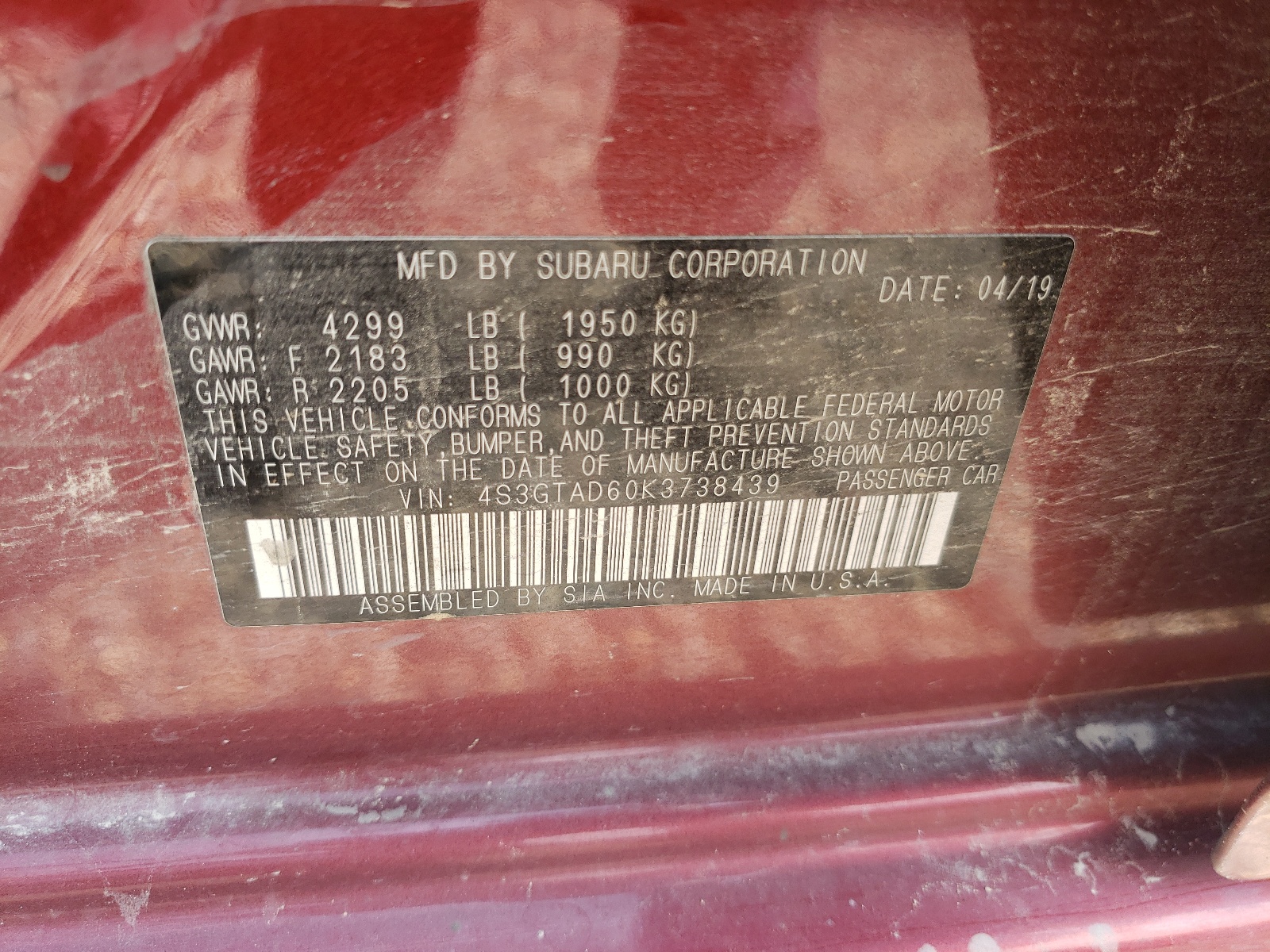 Photo 10 from auction – 2019 SUBARU IMPREZA PR with VIN 4S3GTAD60K3738439