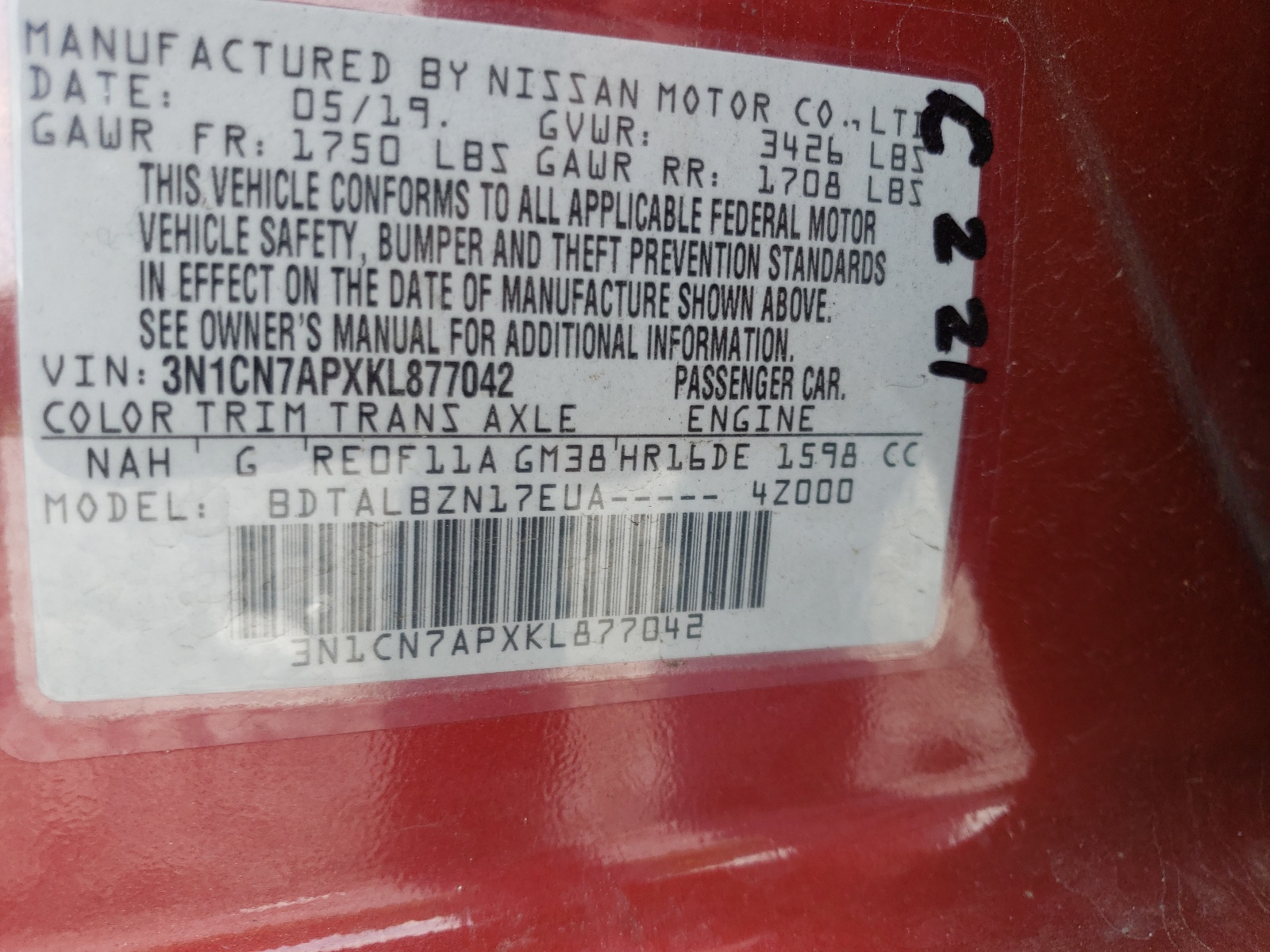Photo 10 from auction – 2019 NISSAN VERSA S with VIN 3N1CN7APXKL877042