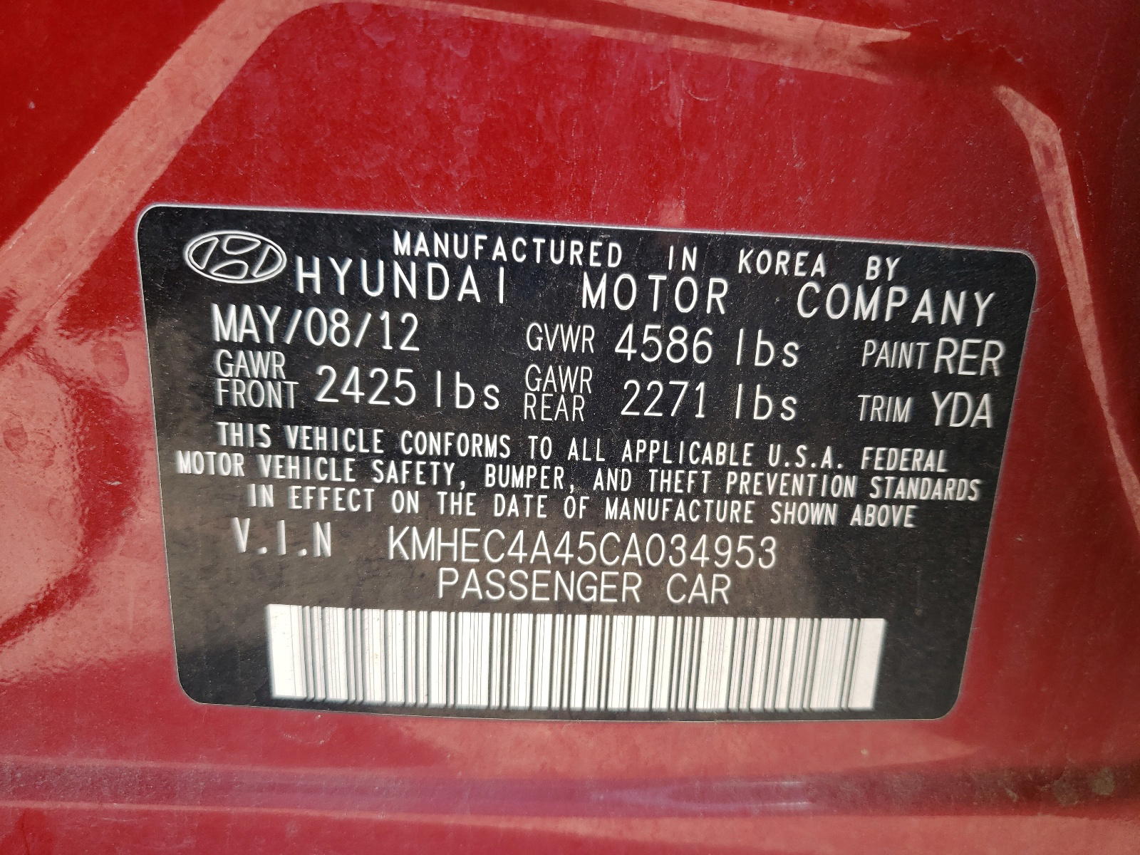 Photo 10 from auction – 2012 HYUNDAI SONATA HYB with VIN KMHEC4A45CA034953