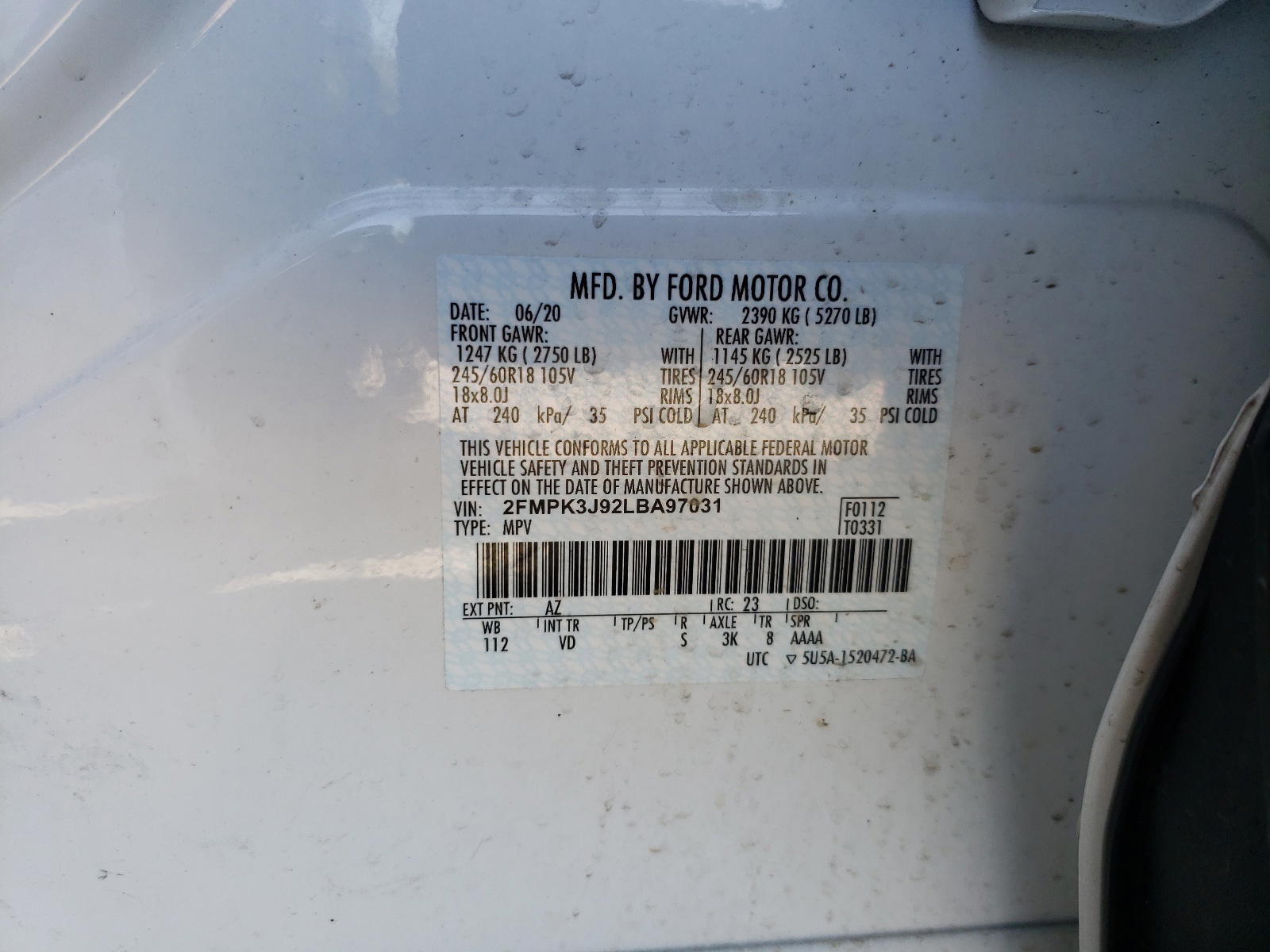 Photo 10 from auction – 2020 FORD EDGE SEL with VIN 2FMPK3J92LBA97031