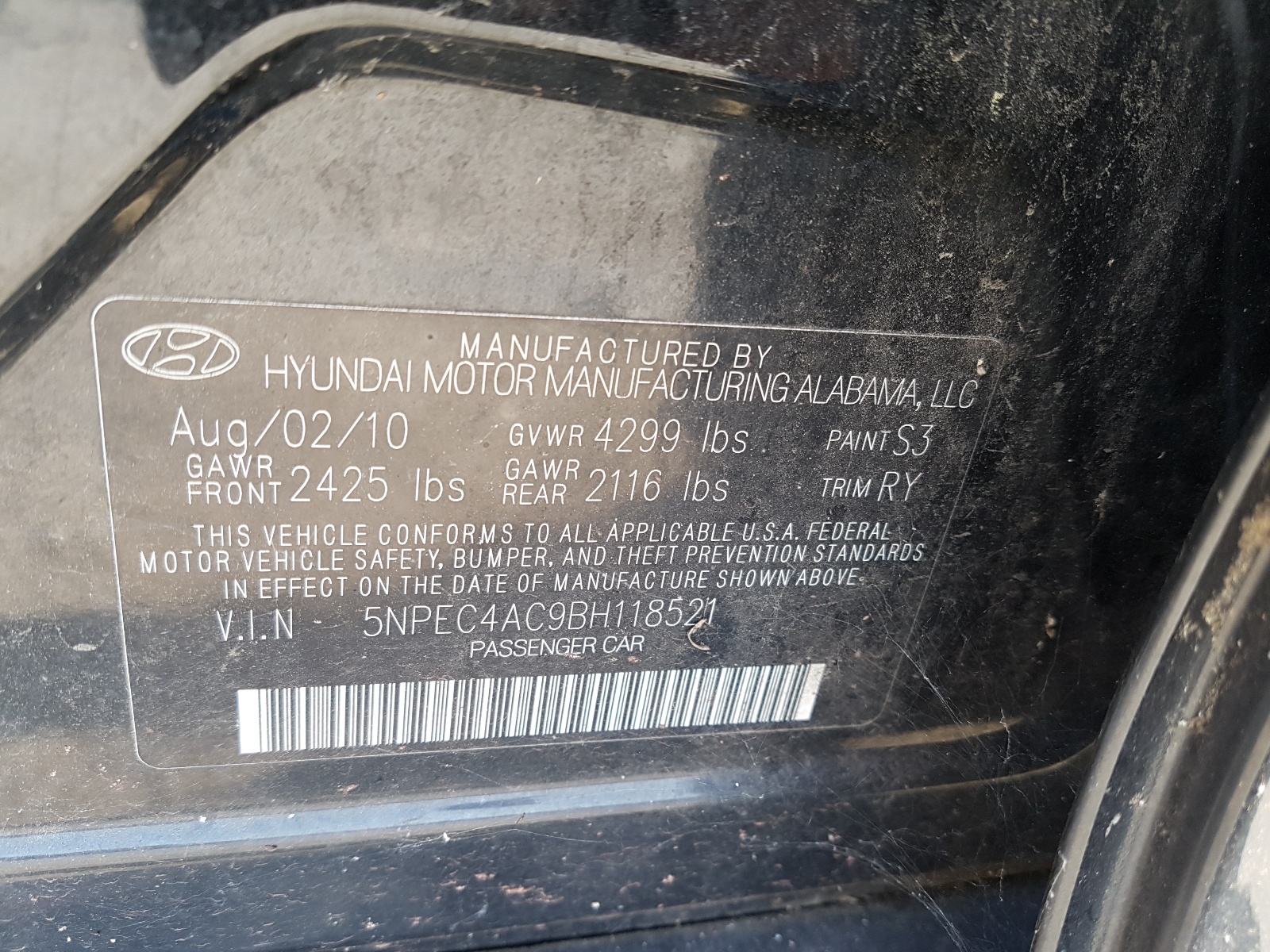 Photo 10 from auction – 2011 HYUNDAI SONATA SE with VIN 5NPEC4AC9BH118521