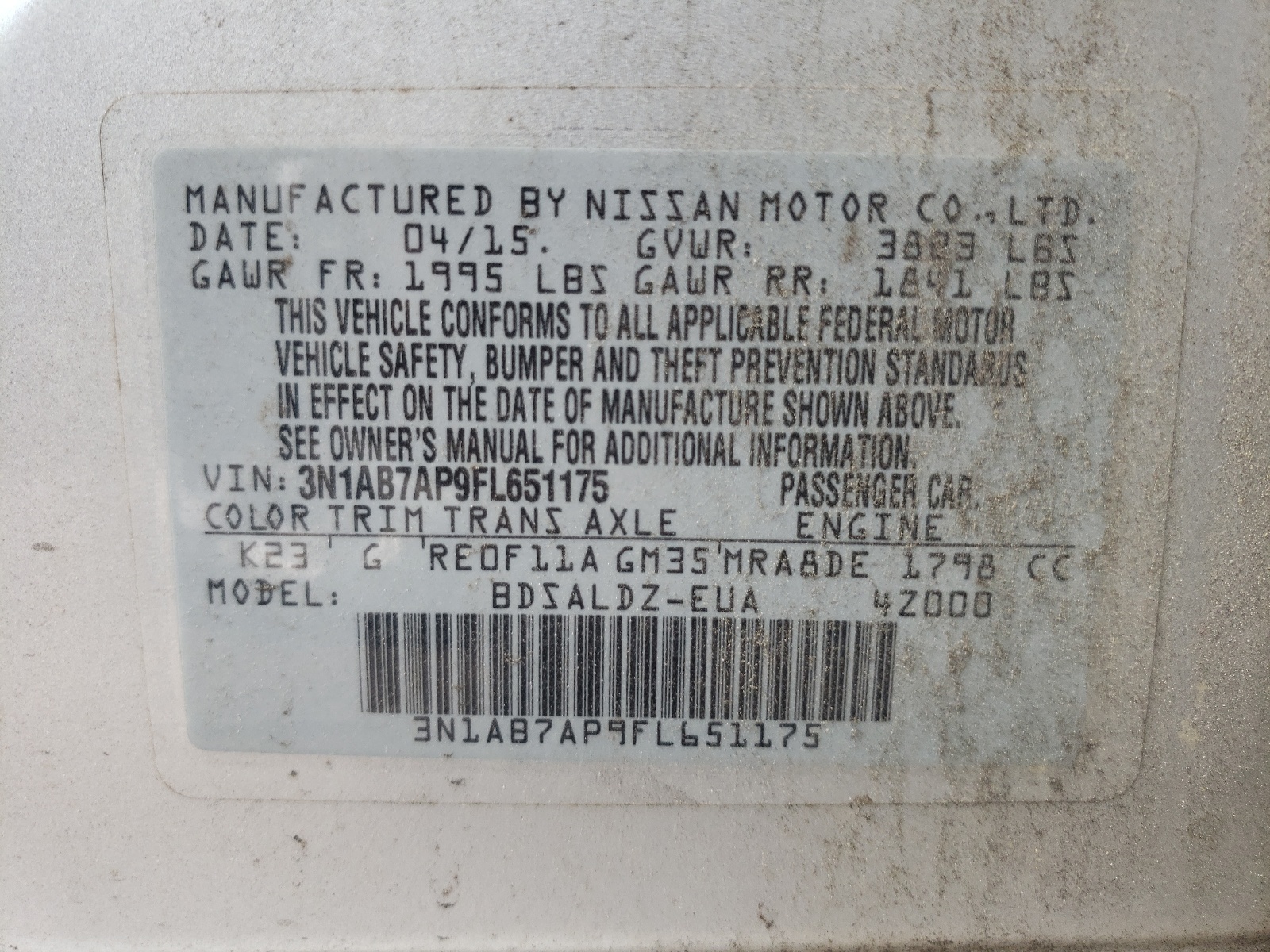 Photo 10 from auction – 2015 NISSAN SENTRA S with VIN 3N1AB7AP9FL651175