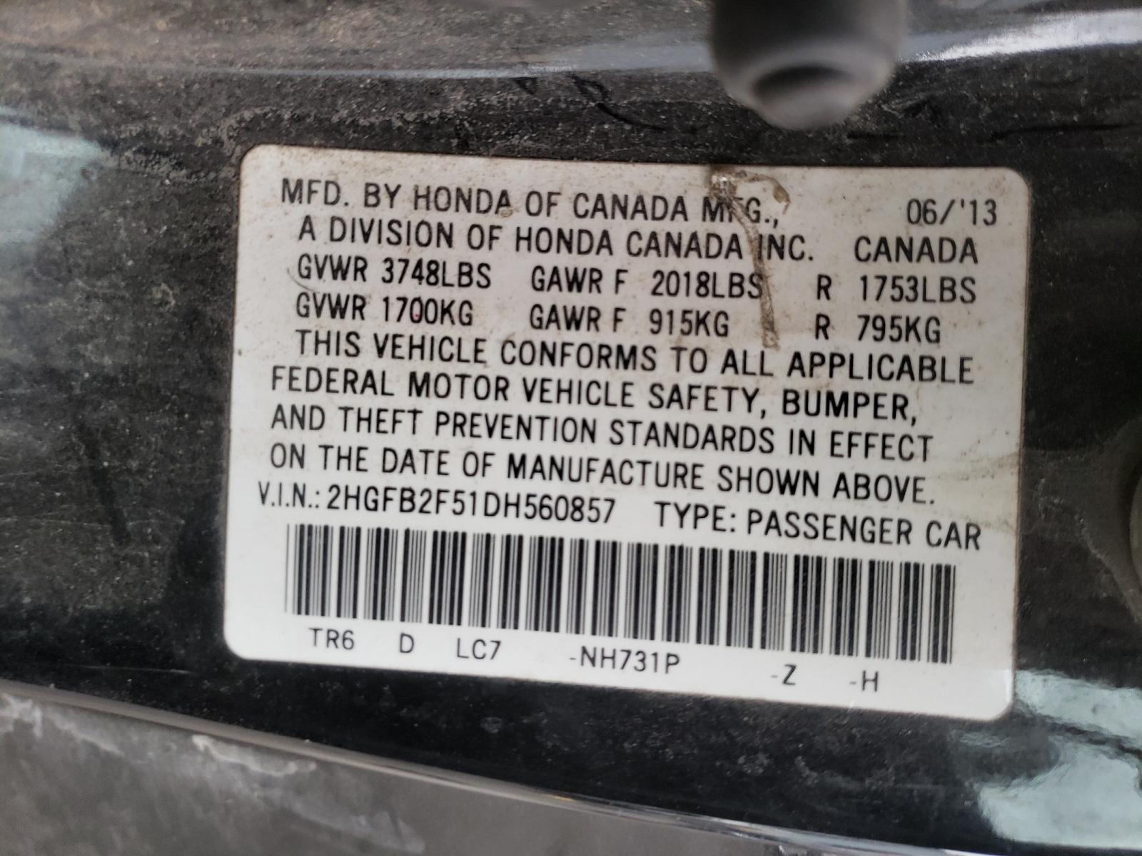 Photo 10 from auction – 2013 HONDA CIVIC LX with VIN 2HGFB2F51DH560857