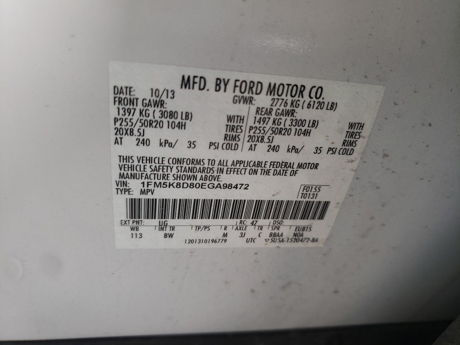 Photo 10 from auction – 2014 FORD EXPLORER X with VIN 1FM5K8D80EGA98472