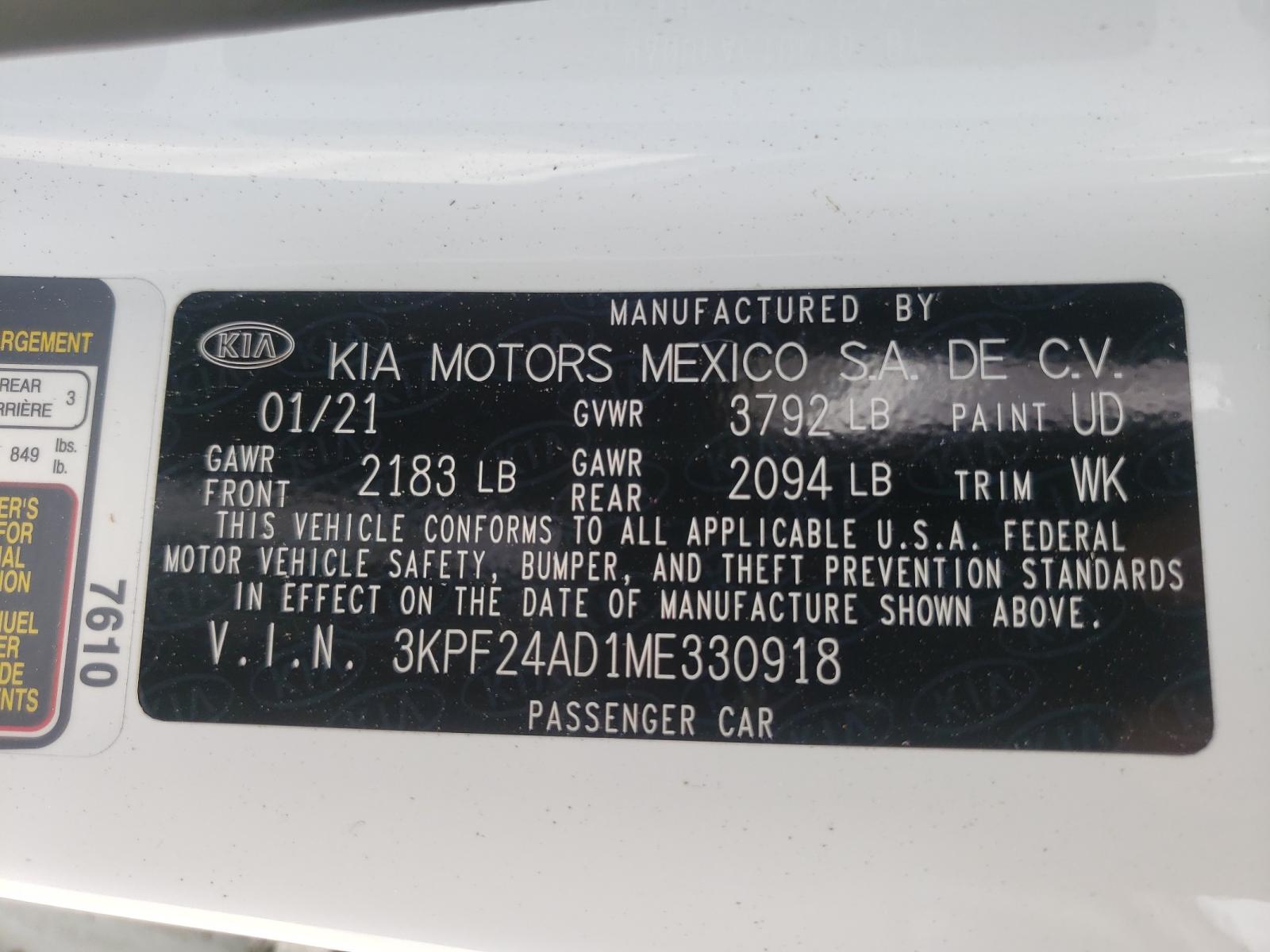 Photo 10 from auction – 2021 KIA FORTE FE with VIN 3KPF24AD1ME330918