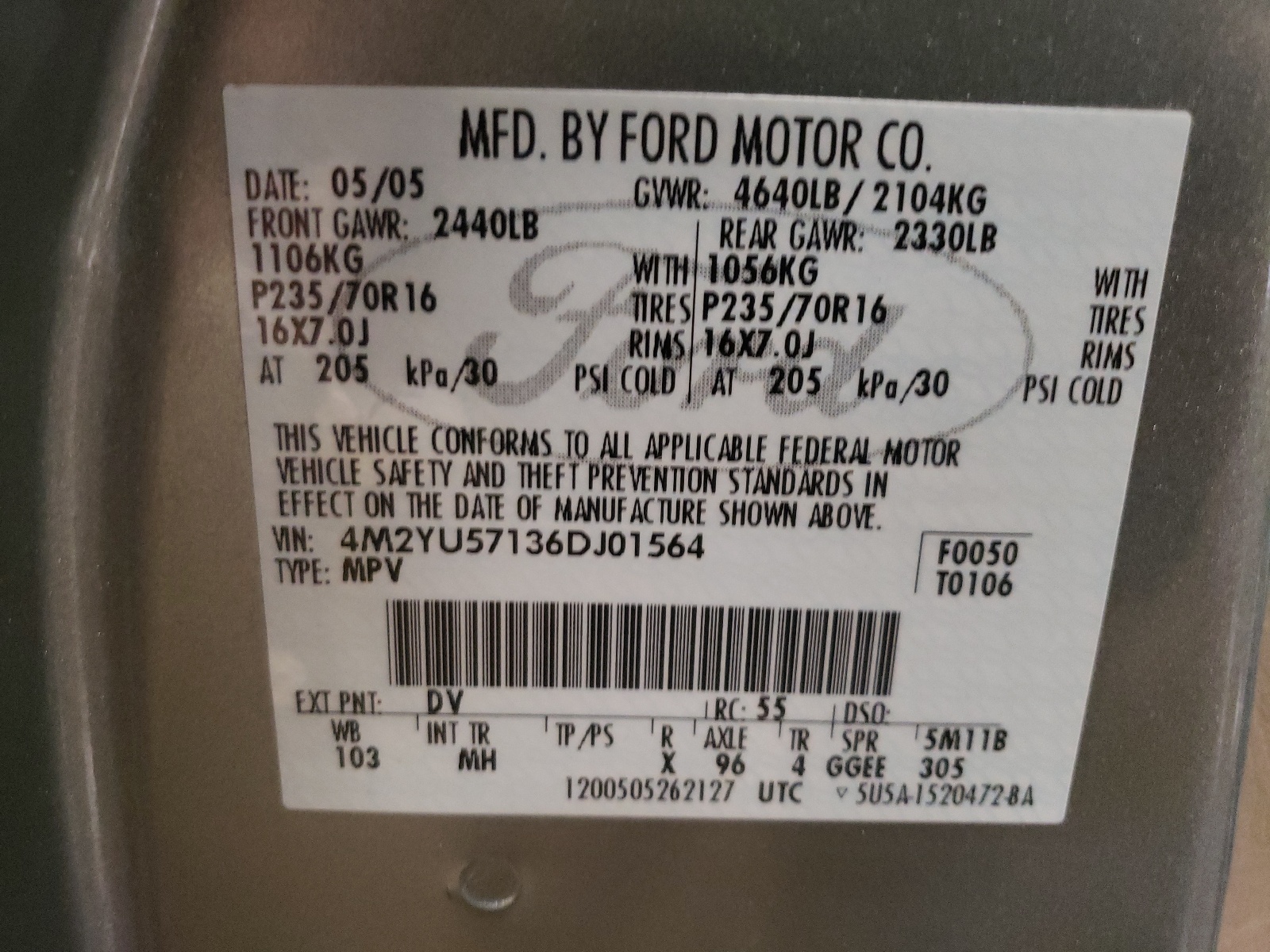 Photo 10 from auction – 2006 MERCURY MARINER with VIN 4M2YU57136DJ01564