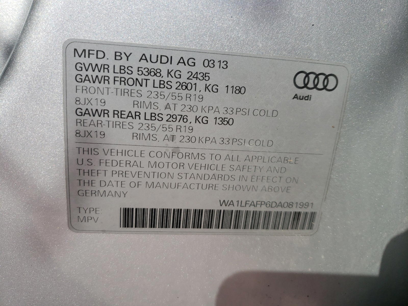 Photo 10 from auction – 2013 AUDI Q5 with VIN WA1LFAFP6DA081991
