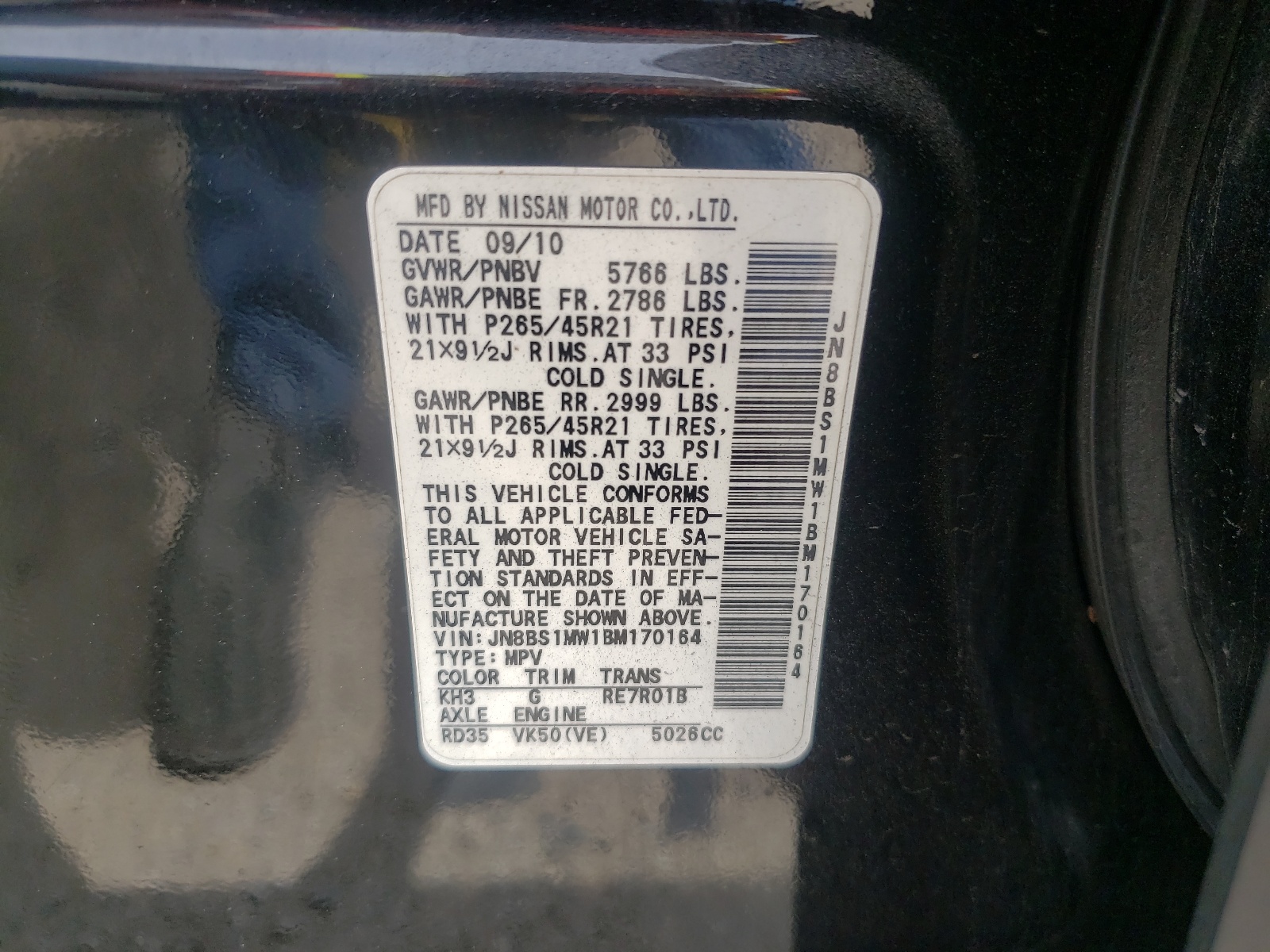 Photo 10 from auction – 2011 INFINITI FX50 with VIN JN8BS1MW1BM170164