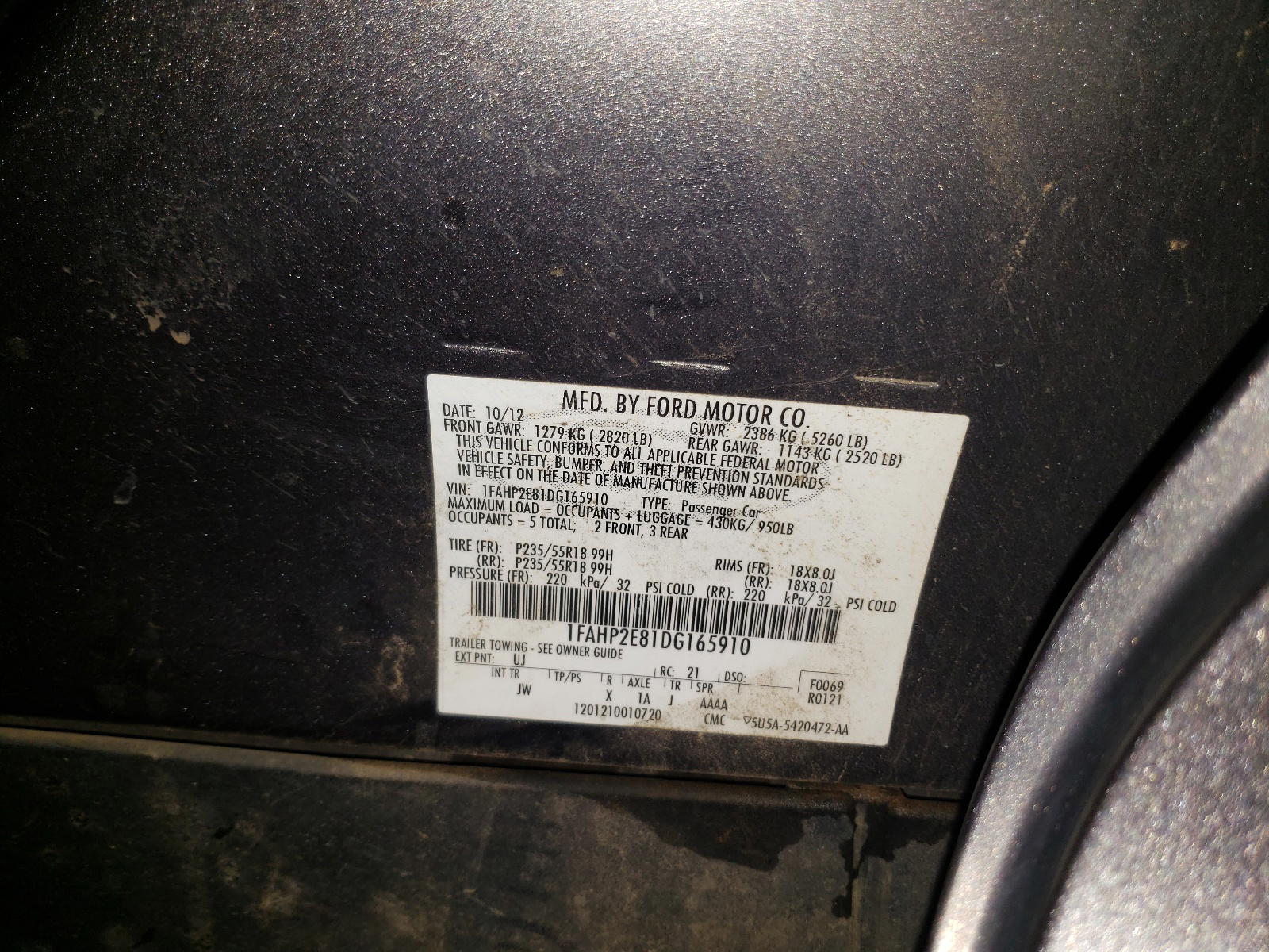 Photo 10 from auction – 2013 FORD TAURUS SEL with VIN 1FAHP2E81DG165910