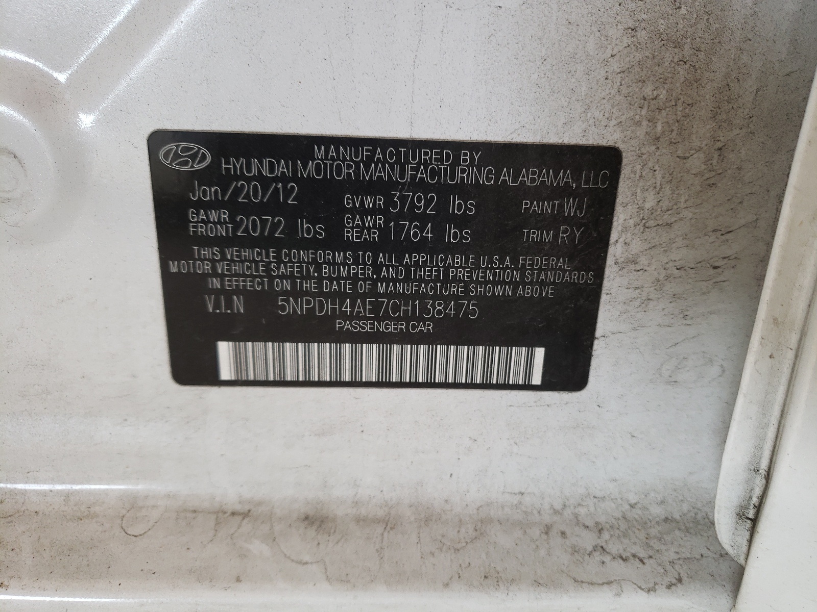 Photo 10 from auction – 2012 HYUNDAI ELANTRA GL with VIN 5NPDH4AE7CH138475