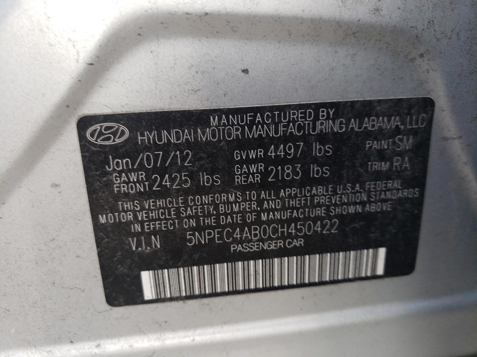 Photo 10 from auction – 2012 HYUNDAI SONATA SE with VIN 5NPEC4AB0CH450422