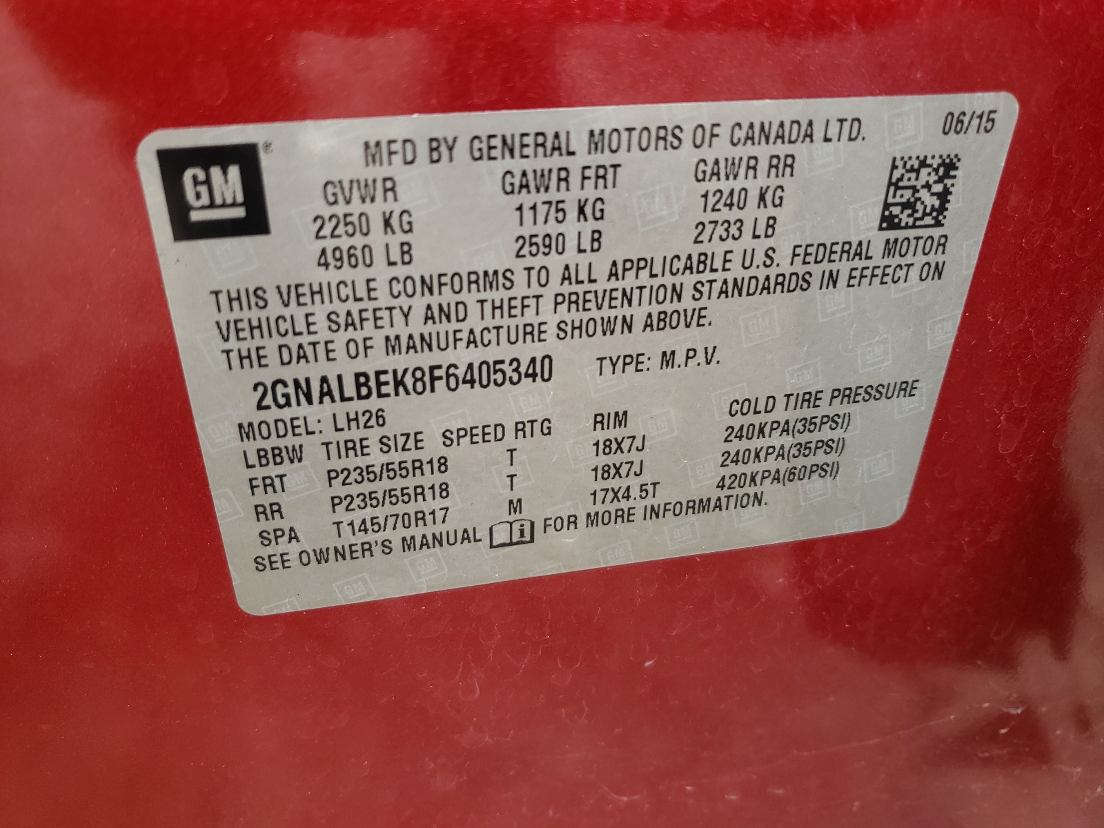 Photo 10 from auction – 2015 CHEVROLET EQUINOX LT with VIN 2GNALBEK8F6405340