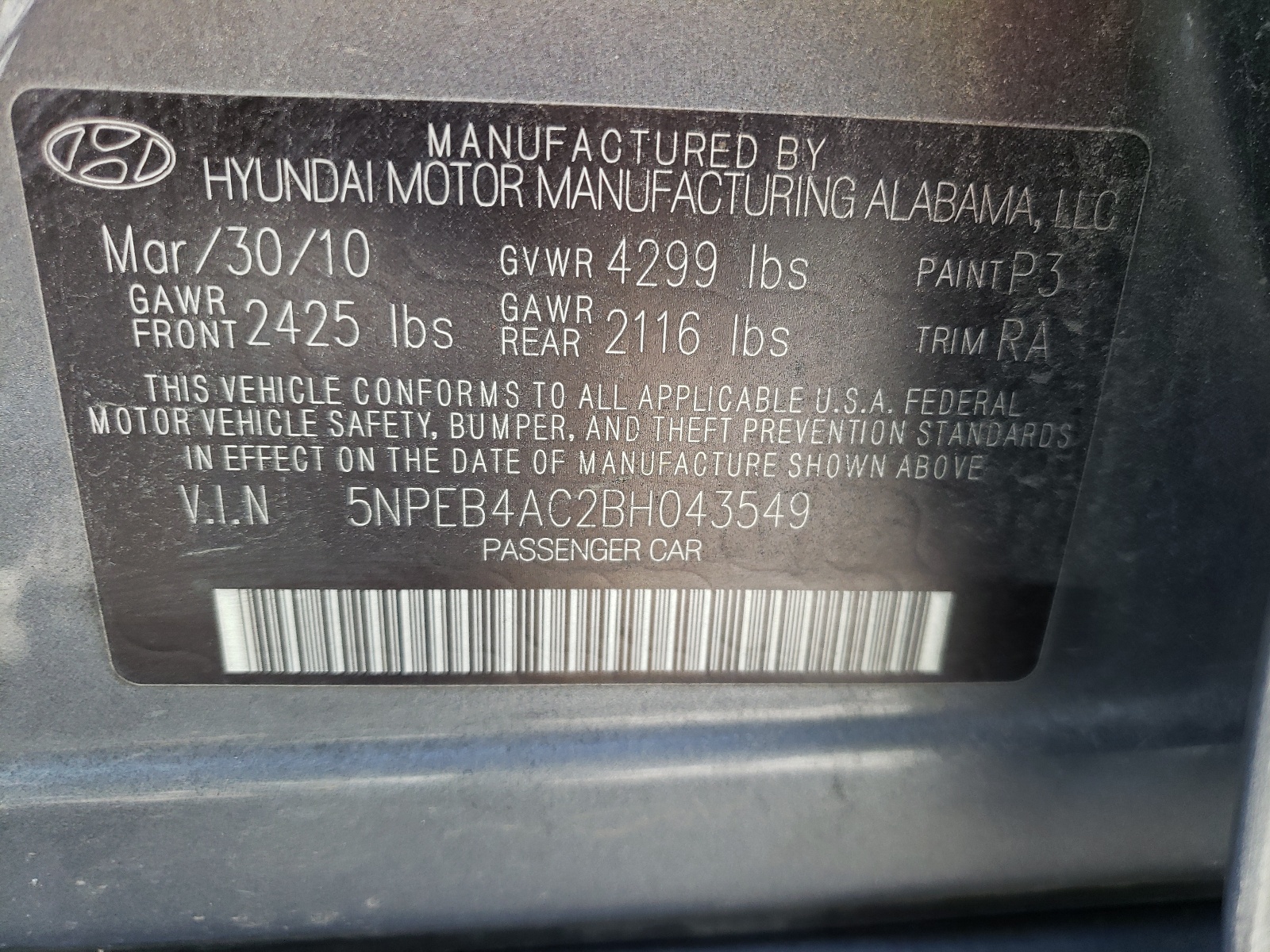 Photo 10 from auction – 2011 HYUNDAI SONATA GLS with VIN 5NPEB4AC2BH043549