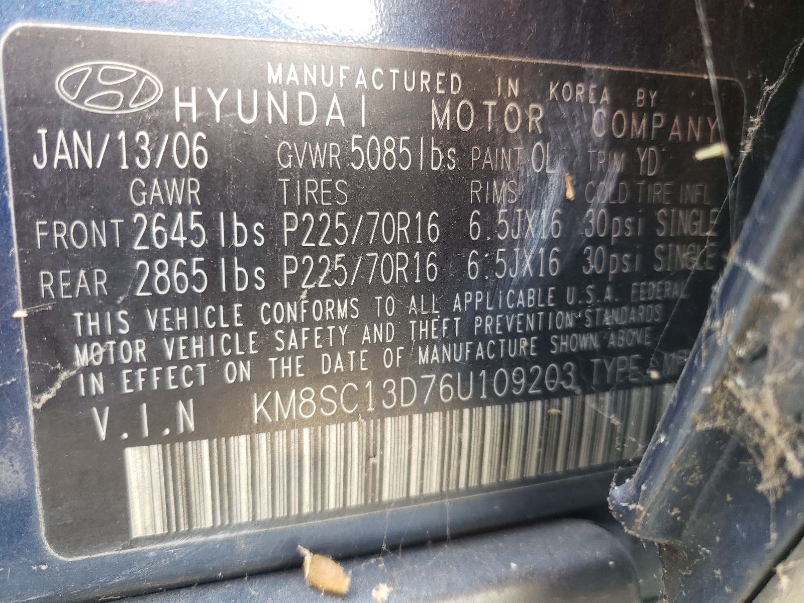 Photo 10 from auction – 2006 HYUNDAI SANTA FE with VIN KM8SC13D76U109203