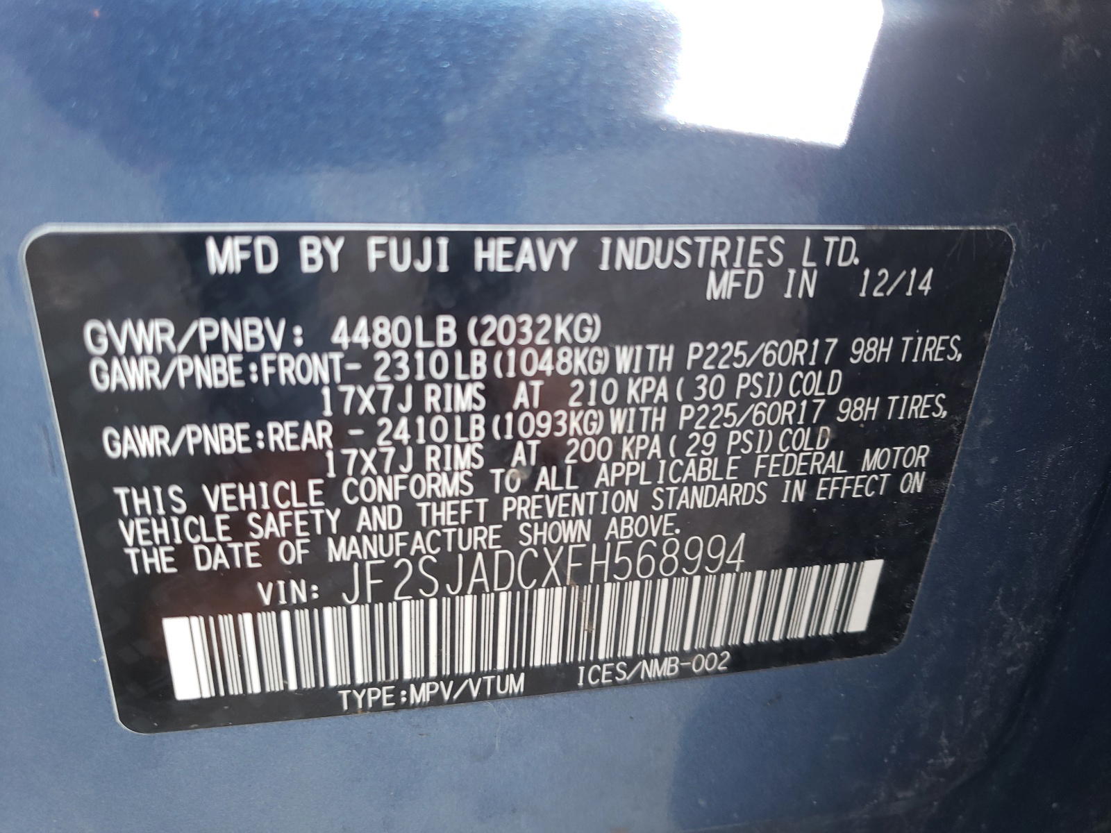 Photo 10 from auction – 2015 SUBARU FORESTER 2 with VIN JF2SJADCXFH568994