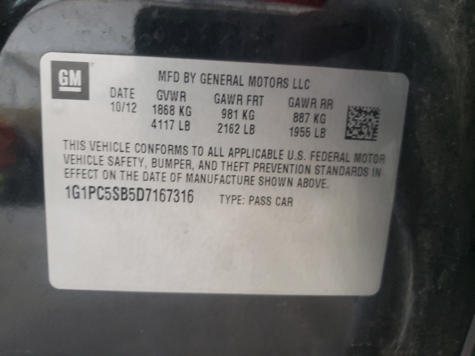 Photo 10 from auction – 2013 CHEVROLET CRUZE LT with VIN 1G1PC5SB5D7167316