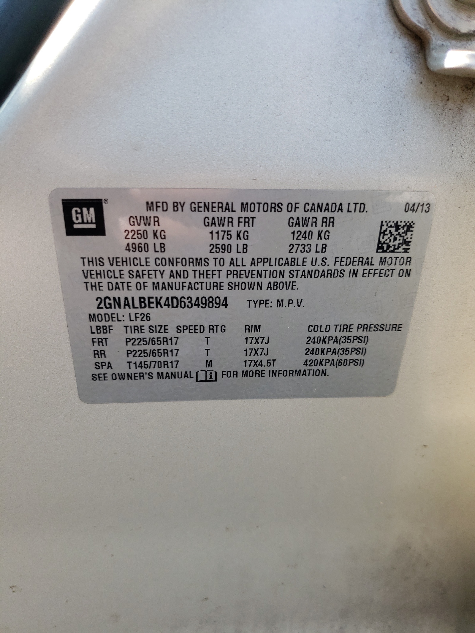 Photo 10 from auction – 2013 CHEVROLET EQUINOX LS with VIN 2GNALBEK4D6349894