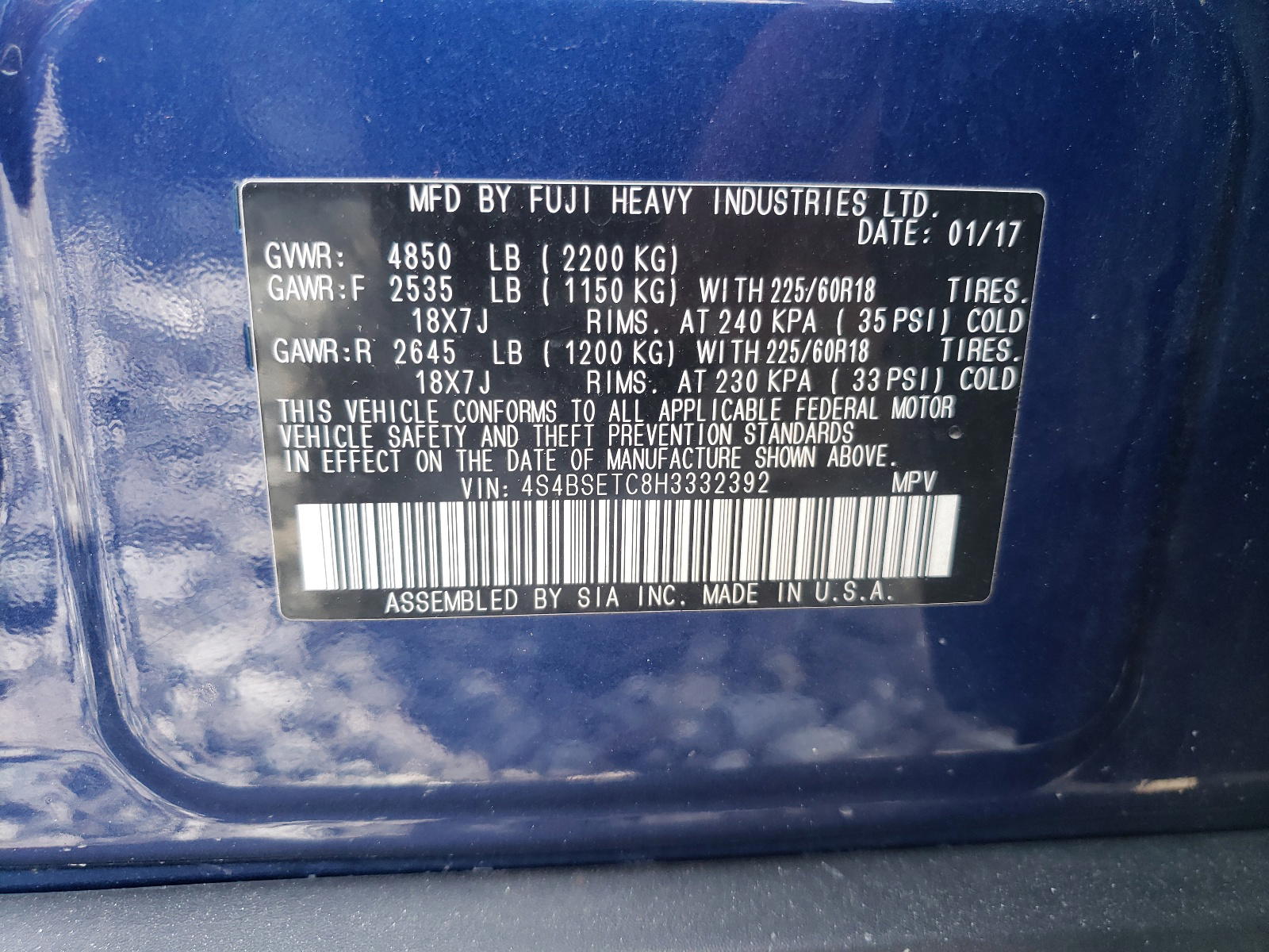 Photo 10 from auction – 2017 SUBARU OUTBACK TO with VIN 4S4BSETC8H3332392
