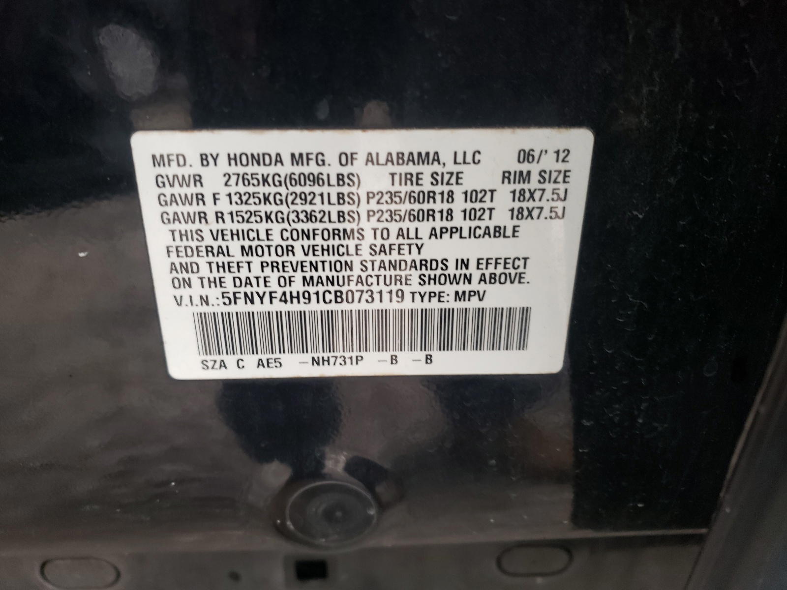 Photo 10 from auction – 2012 HONDA PILOT TOUR with VIN 5FNYF4H91CB073119